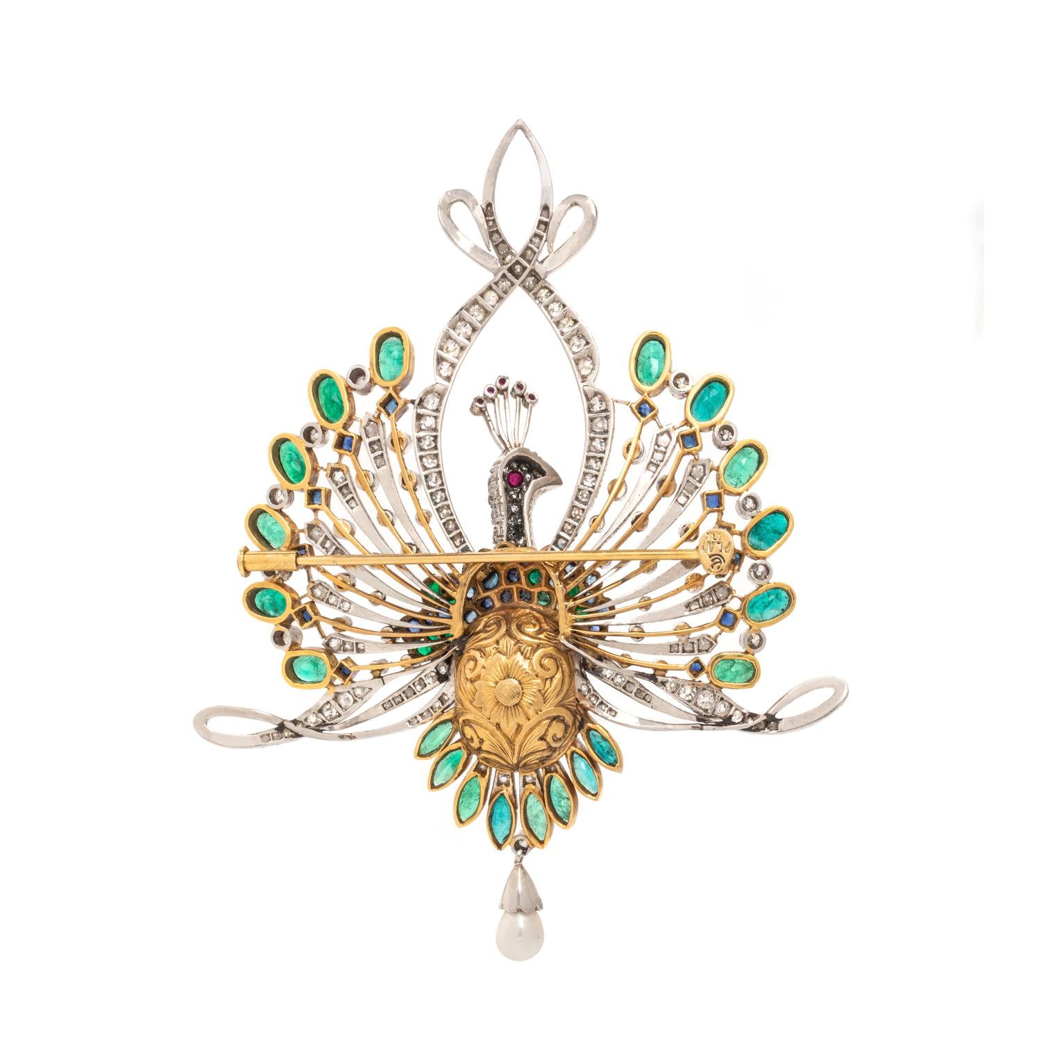 EVELYN CLOTHIER, DIAMOND, CULTURED PEARL, EMERALD, AND SAPPHIRE PEACOCK BROOCH/PENDANT