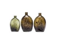 Three Mold-Blown Glass Flasks in Olive