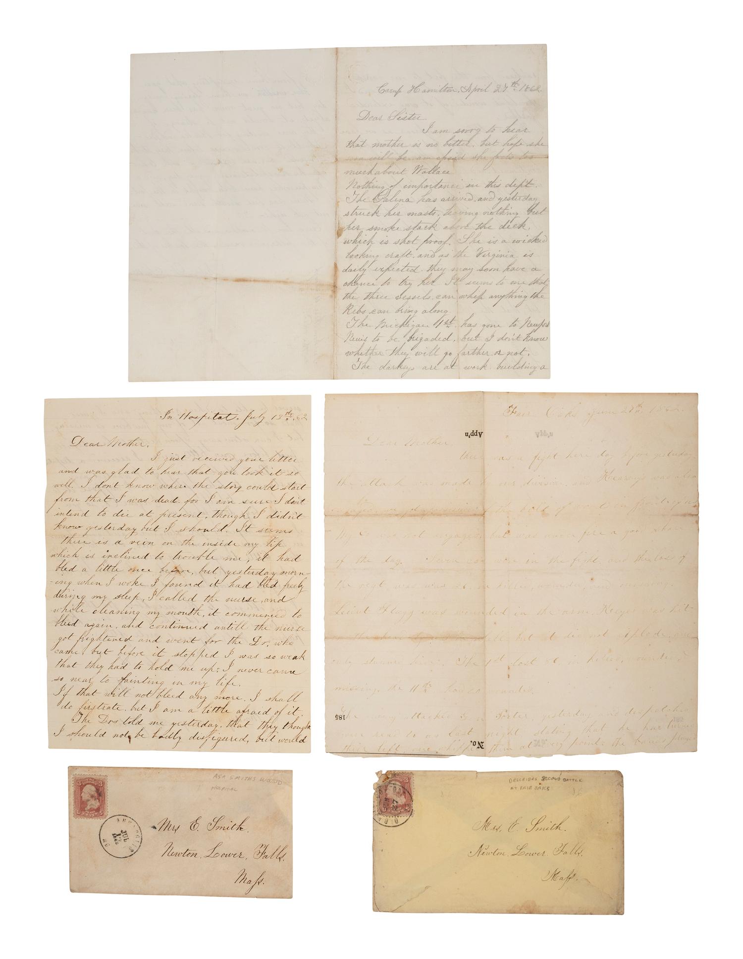 [CIVIL WAR]. 5 letters written by Corporal Asa D. Smith, 16th Mass. Infantry, WIA at the Battle of Glendale. April-July 1862. Featuring content from the Peninsula Campaign and Smith's recovery from a shocking facial wound.
