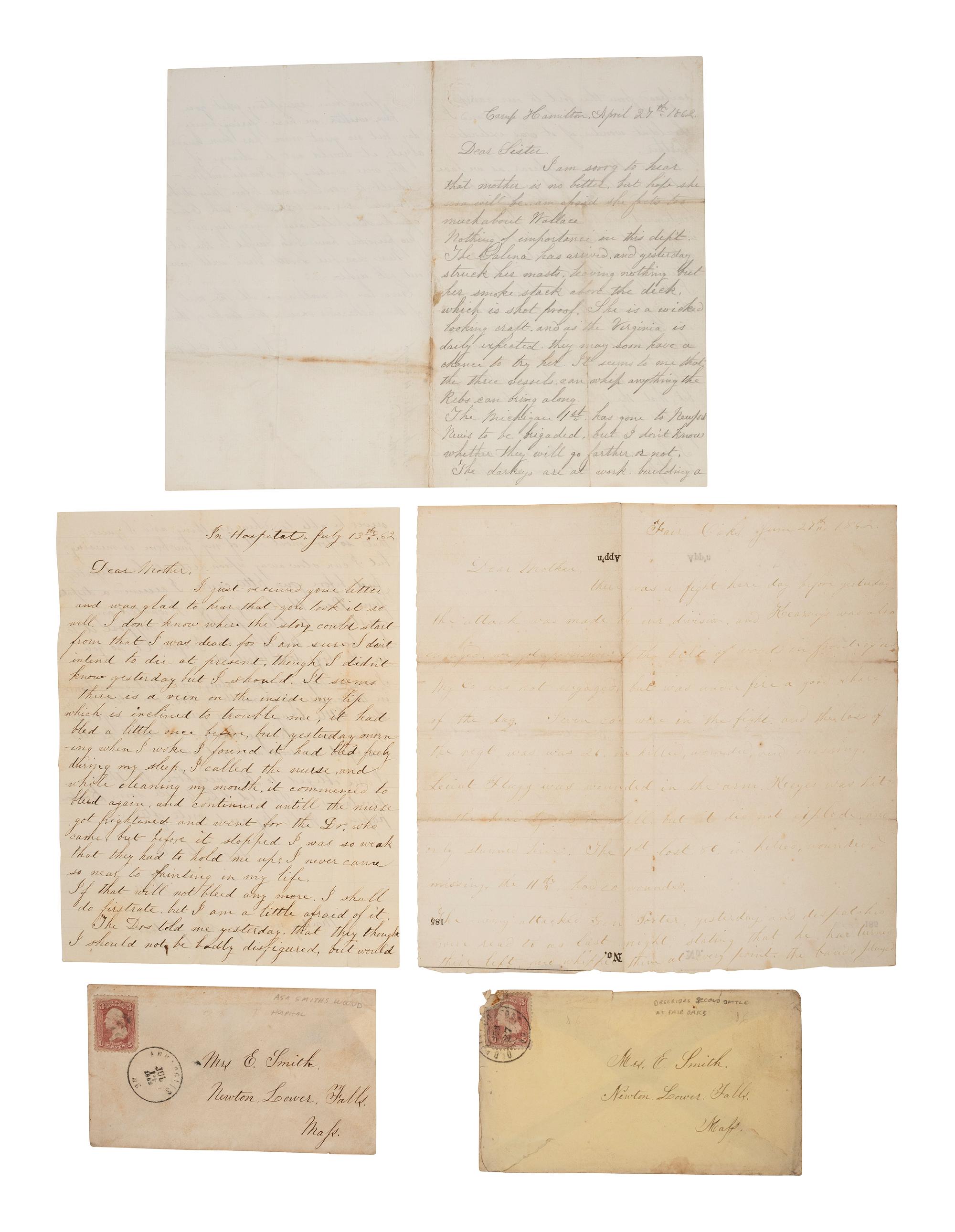[CIVIL WAR]. 5 letters written by Corporal Asa D. Smith, 16th Mass. Infantry, WIA at the Battle of Glendale. April-July 1862. Featuring content from the Peninsula Campaign and Smith's recovery from a shocking facial wound.
