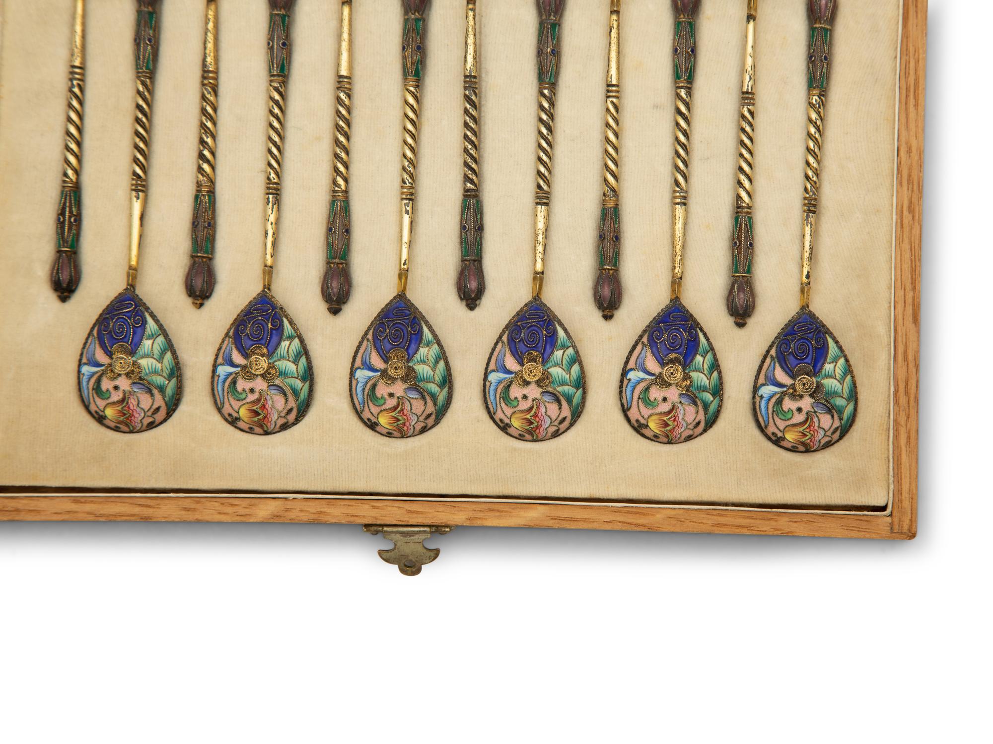 A Cased Set of Russian Enameled Silver-Gilt Spoons — 19TH/20TH CENTURY