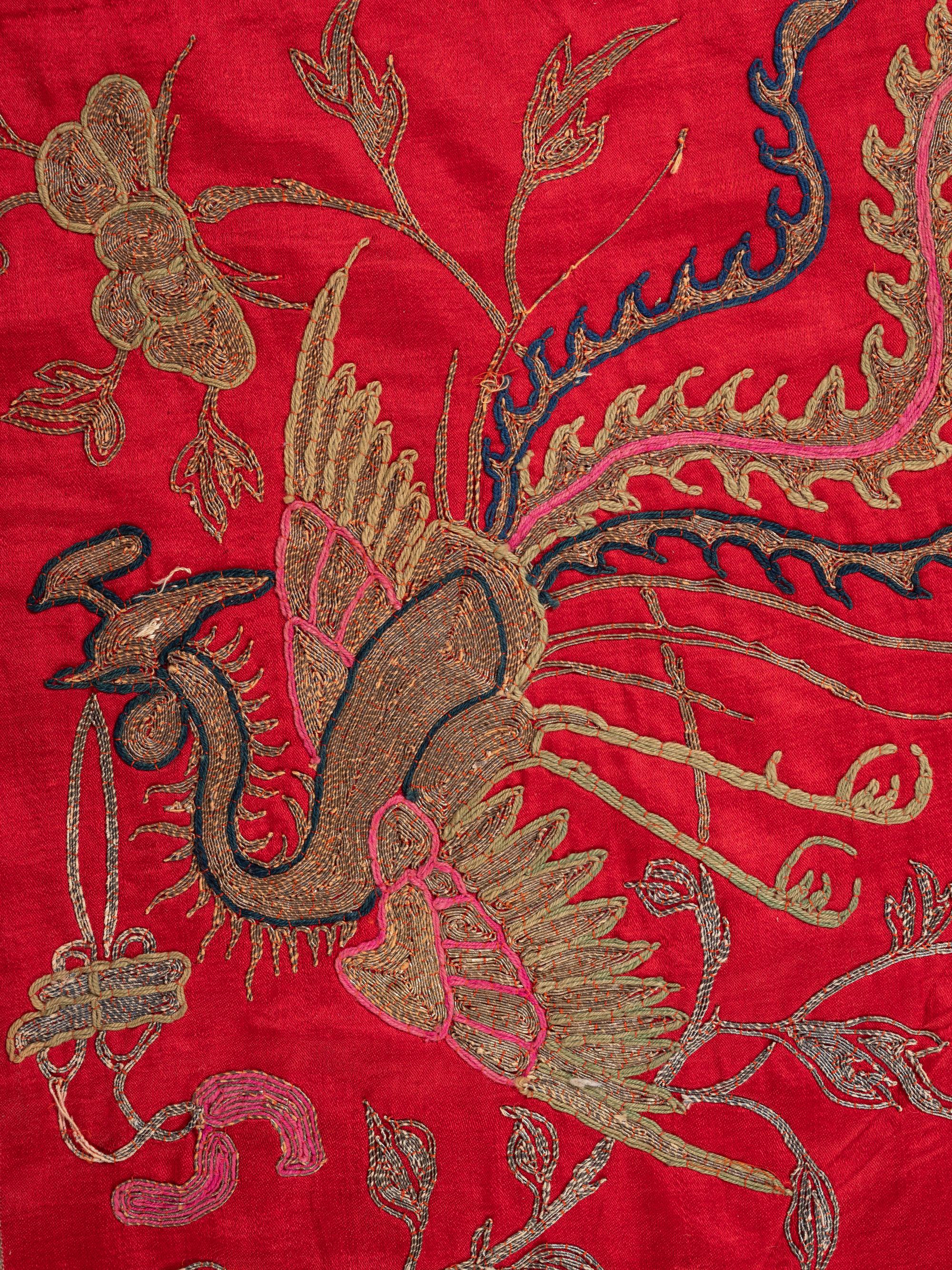 A Pair of Chinese Red Ground Embroidered Silk Panels