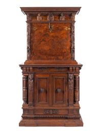 An Italian Baroque Style Carved Walnut and Burl Walnut Fall-Front Bureau Cabinet