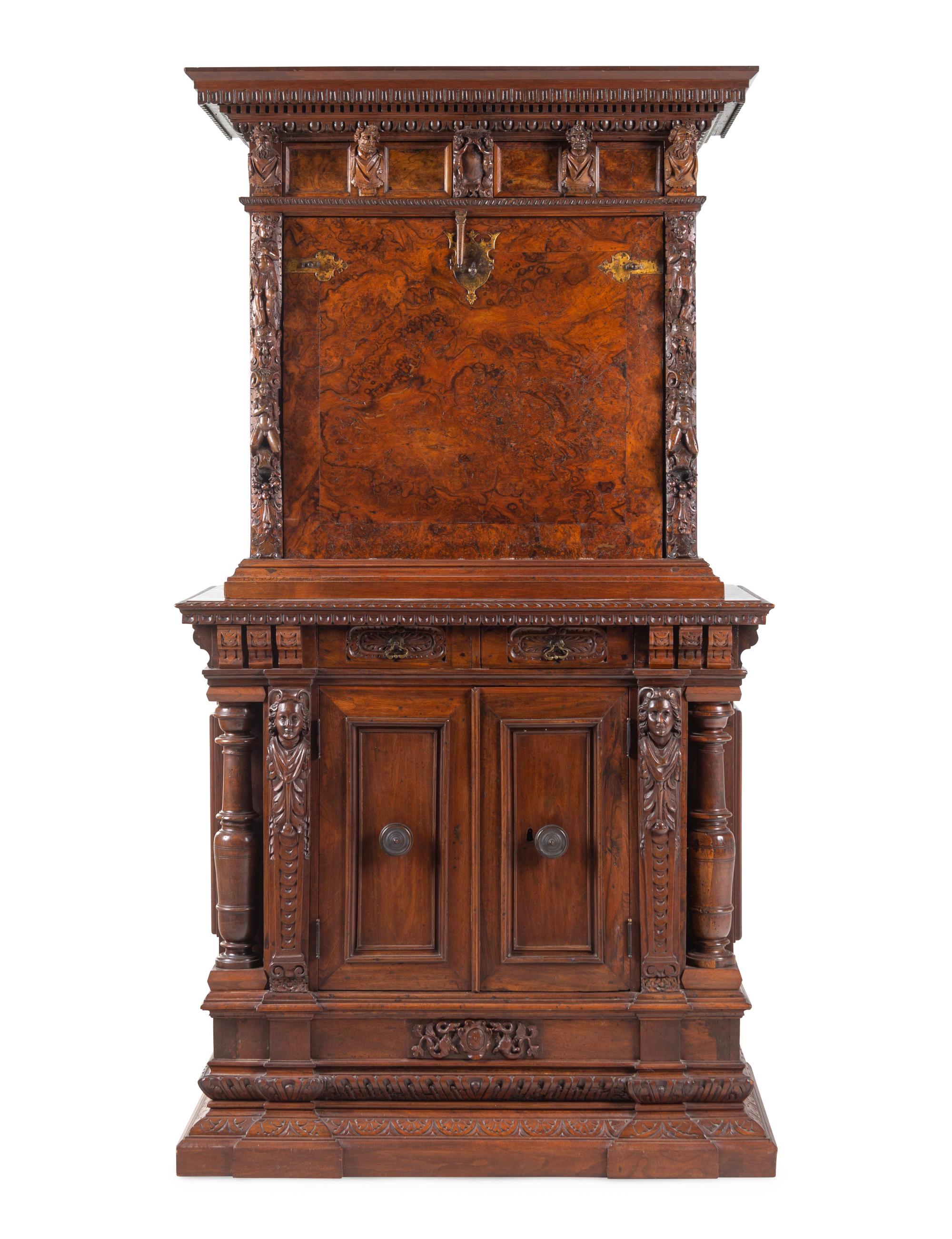 An Italian Baroque Style Carved Walnut and Burl Walnut Fall-Front Bureau Cabinet