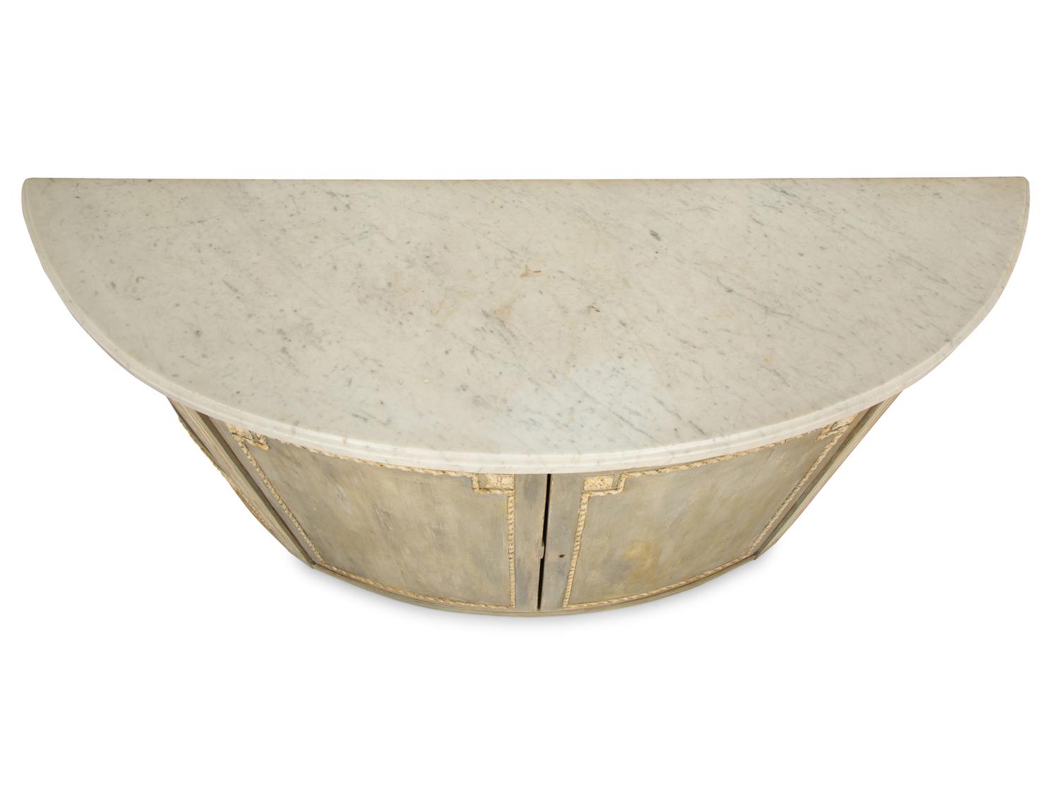 A Louis XVI Style Grey-Painted Marble-Top Demilune Cabinet