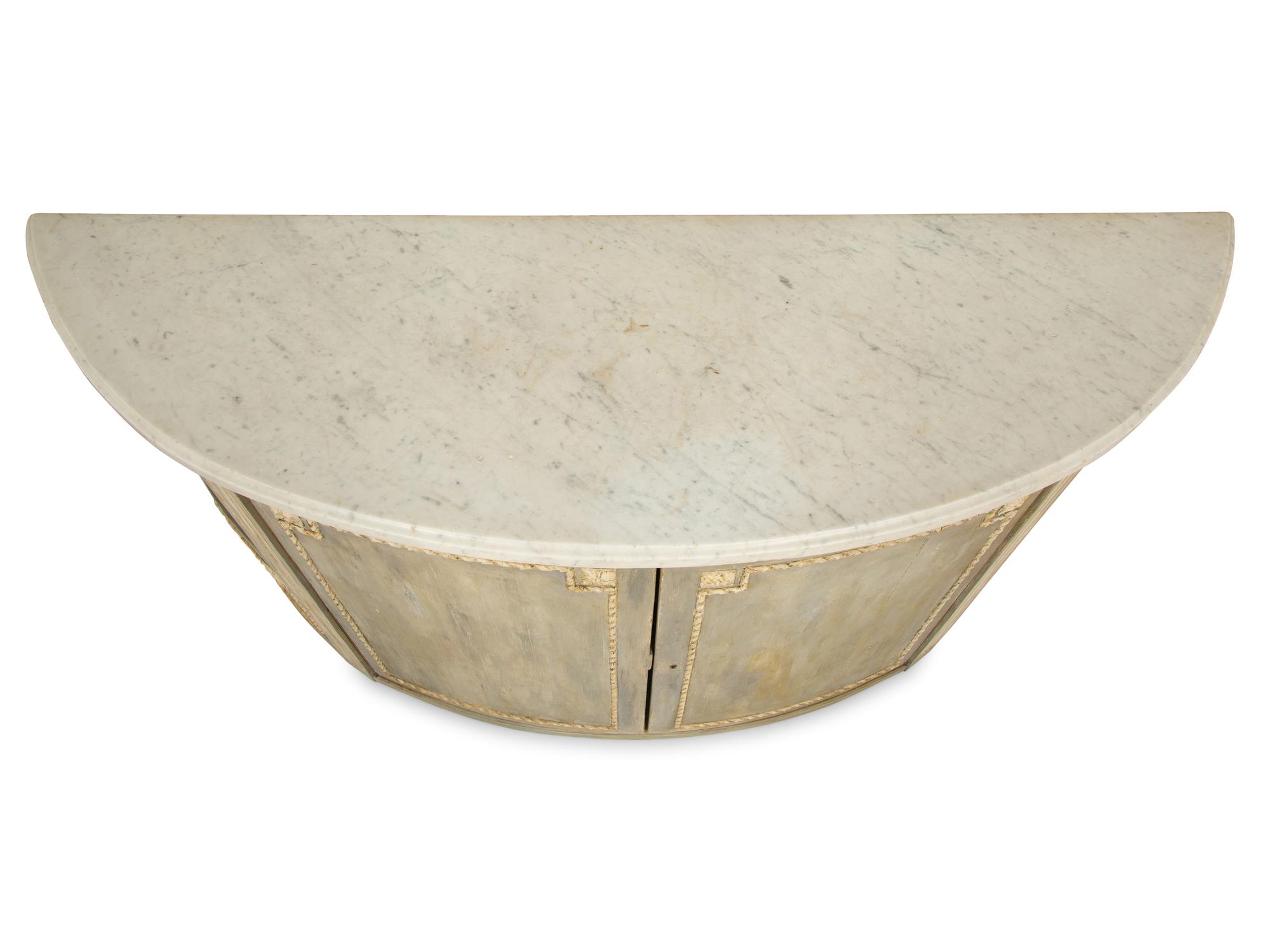 A Louis XVI Style Grey-Painted Marble-Top Demilune Cabinet