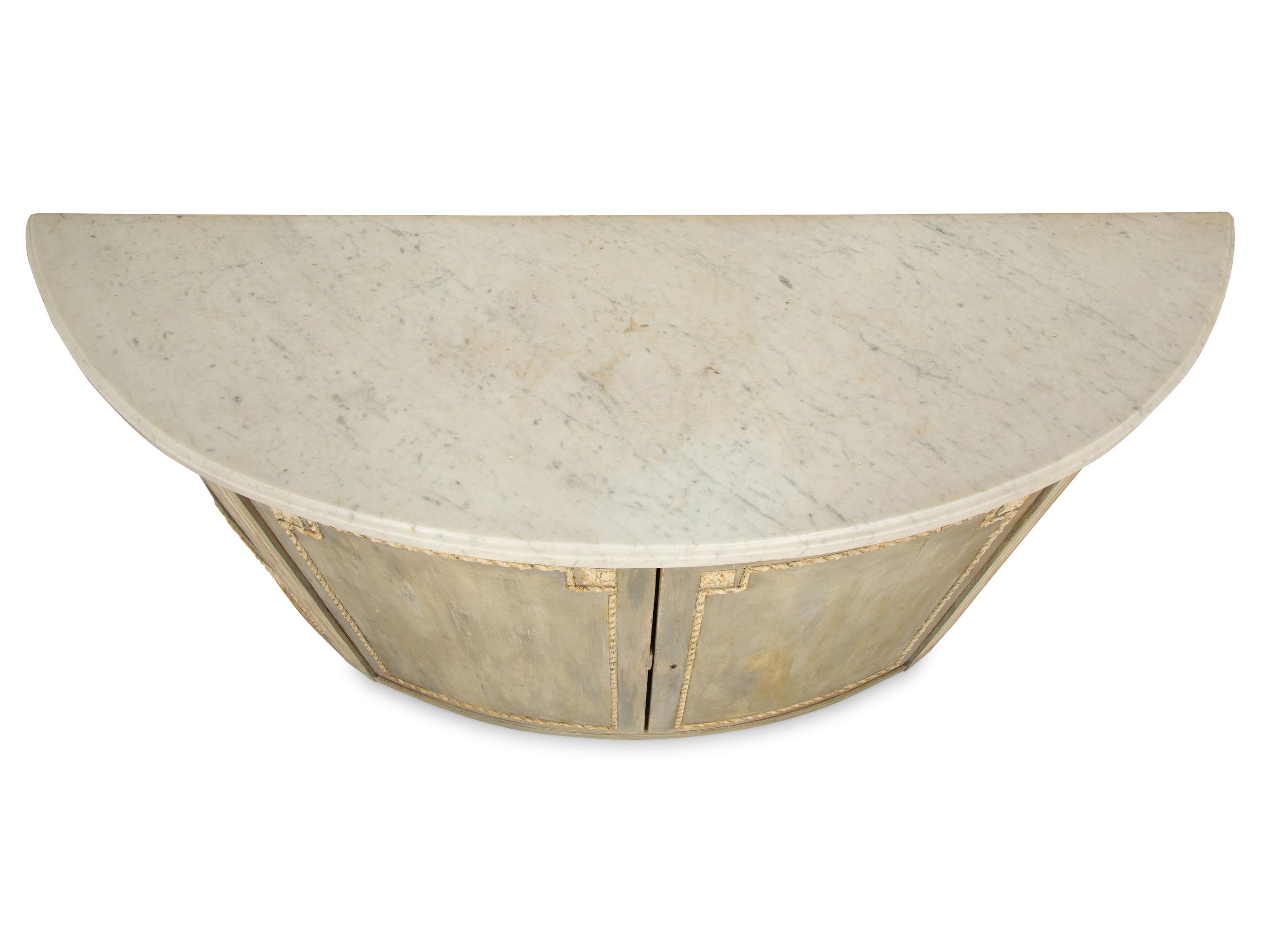 A Louis XVI Style Grey-Painted Marble-Top Demilune Cabinet