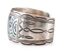 Navajo Havily Stamped Sterling Silver Cuff Bracelet, with Turquoise and Coral Chip Inlay