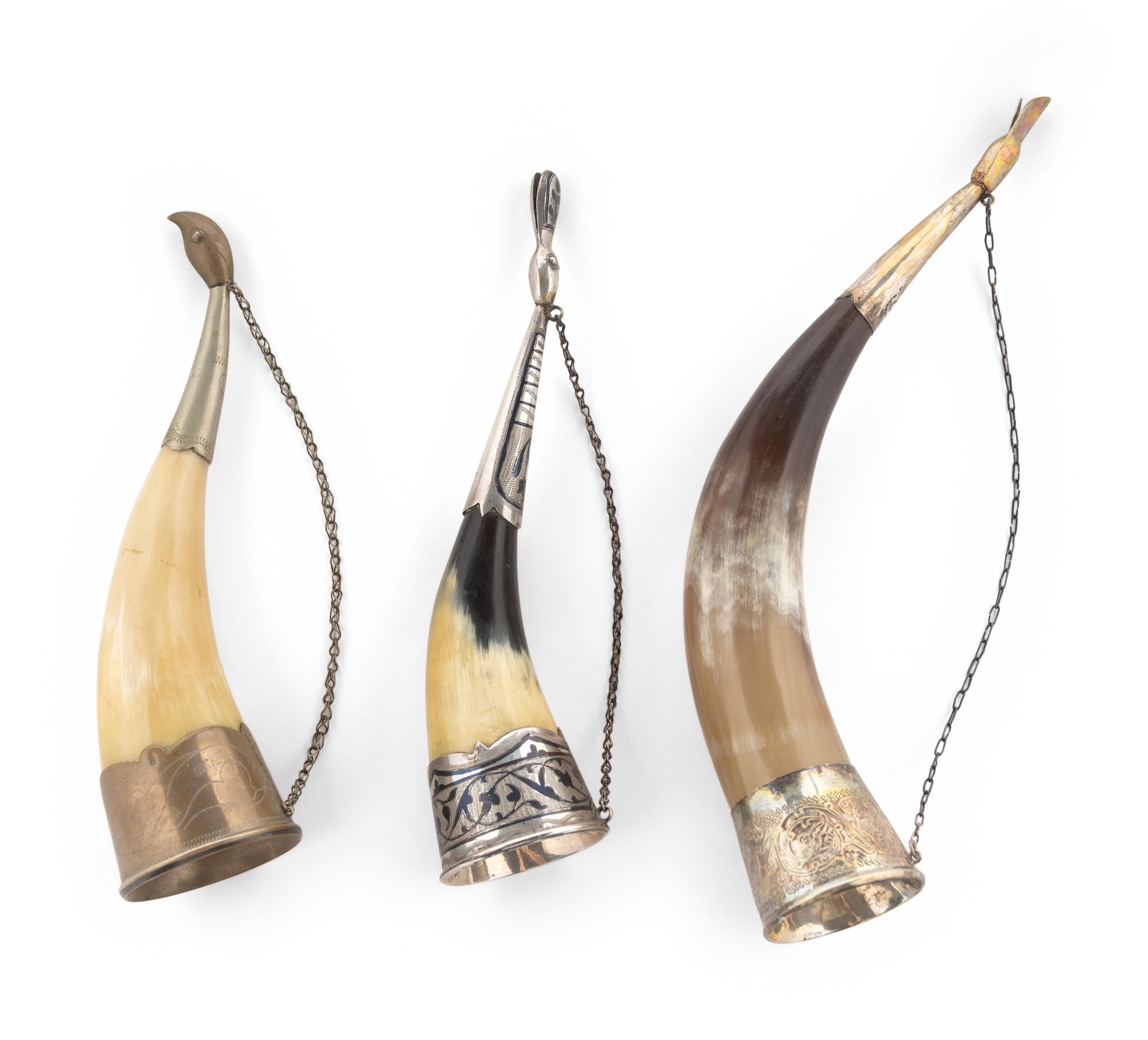 Three Russian Silver Mounted Drinking Horns
