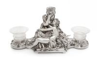 A French Silver-Plate Centerpiece, Christofle, Paris, 20th Century, the central cup supported by two embracing figures sitting on grape
