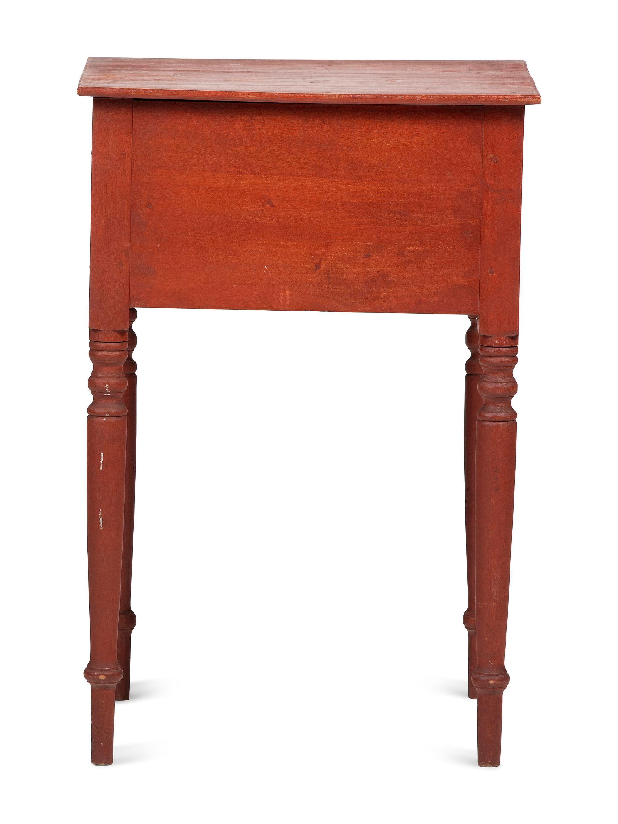A Classical Inlaid Walnut and Red Painted Maple Two-Drawer Work Table