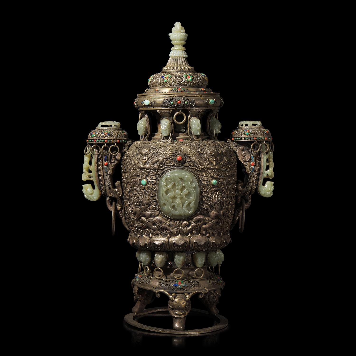 A Mongolian Jade Inset Incense Burner 蒙古式嵌玉香爐