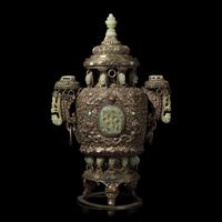 A Mongolian Jade Inset Incense Burner 蒙古式嵌玉香爐