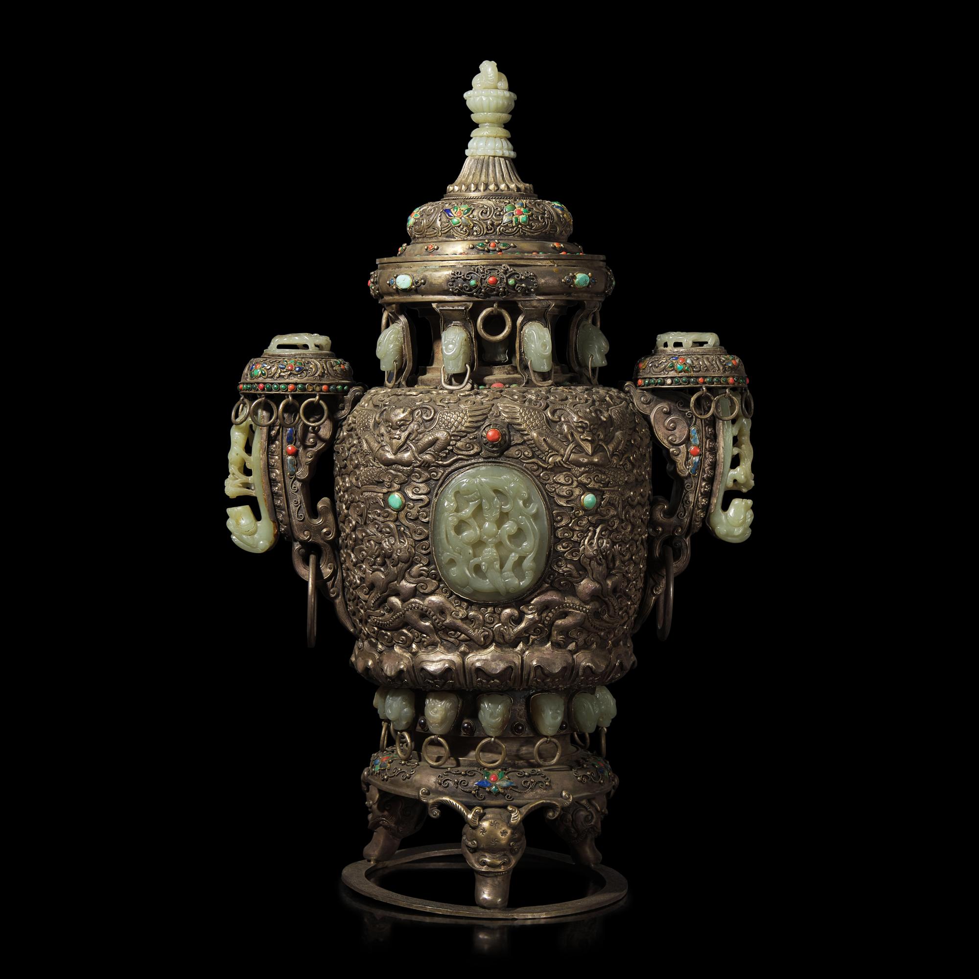 A Mongolian Jade Inset Incense Burner 蒙古式嵌玉香爐