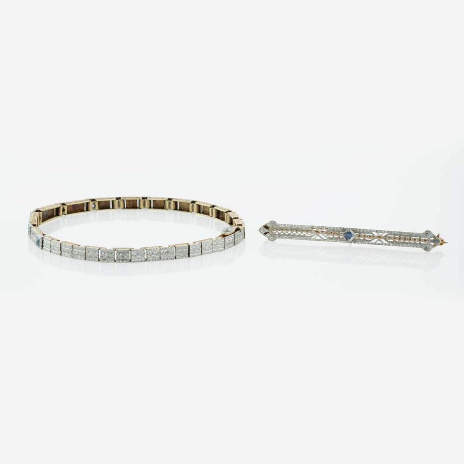 A Diamond and Sapphire Bracelet and Sapphire Brooch