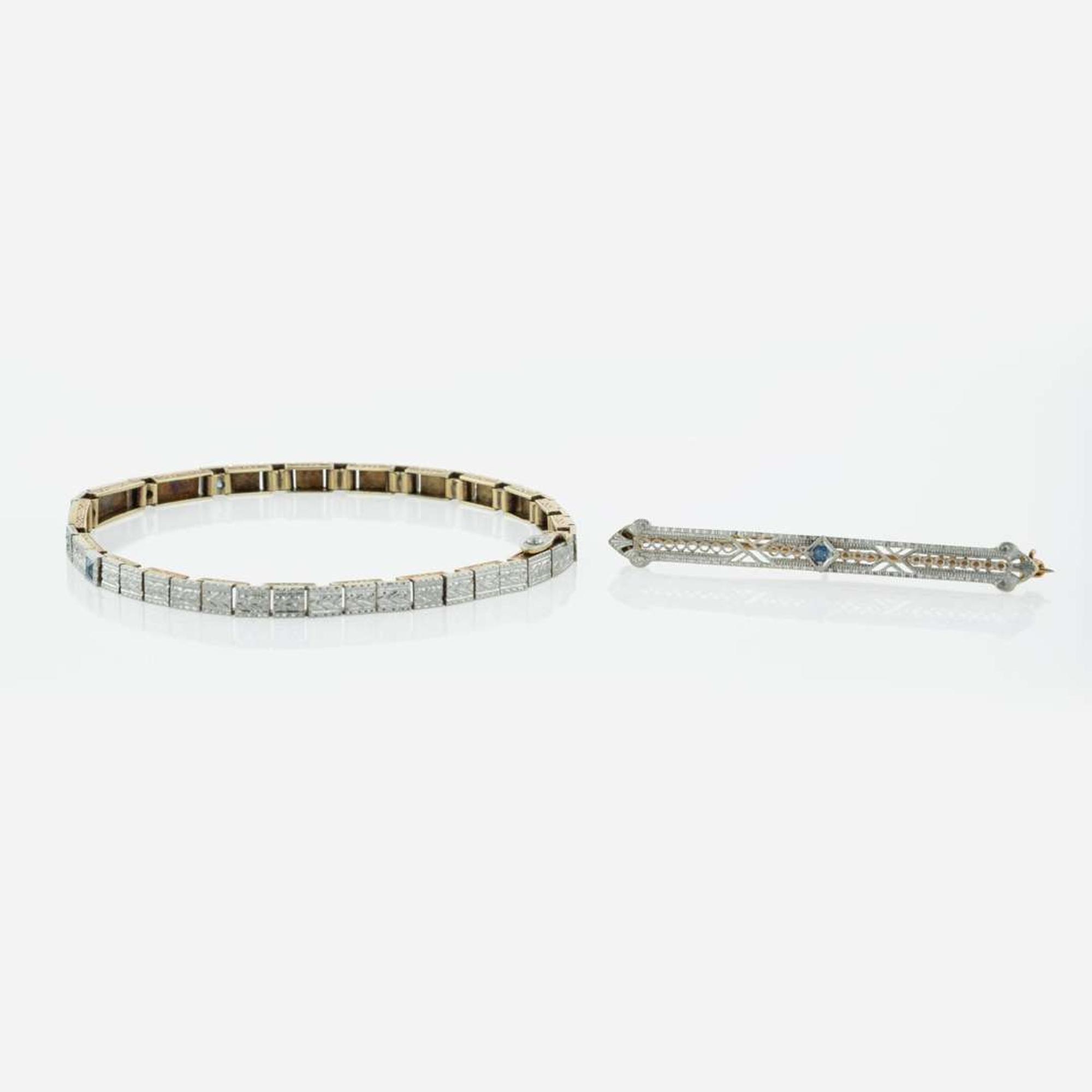 A Diamond and Sapphire Bracelet and Sapphire Brooch