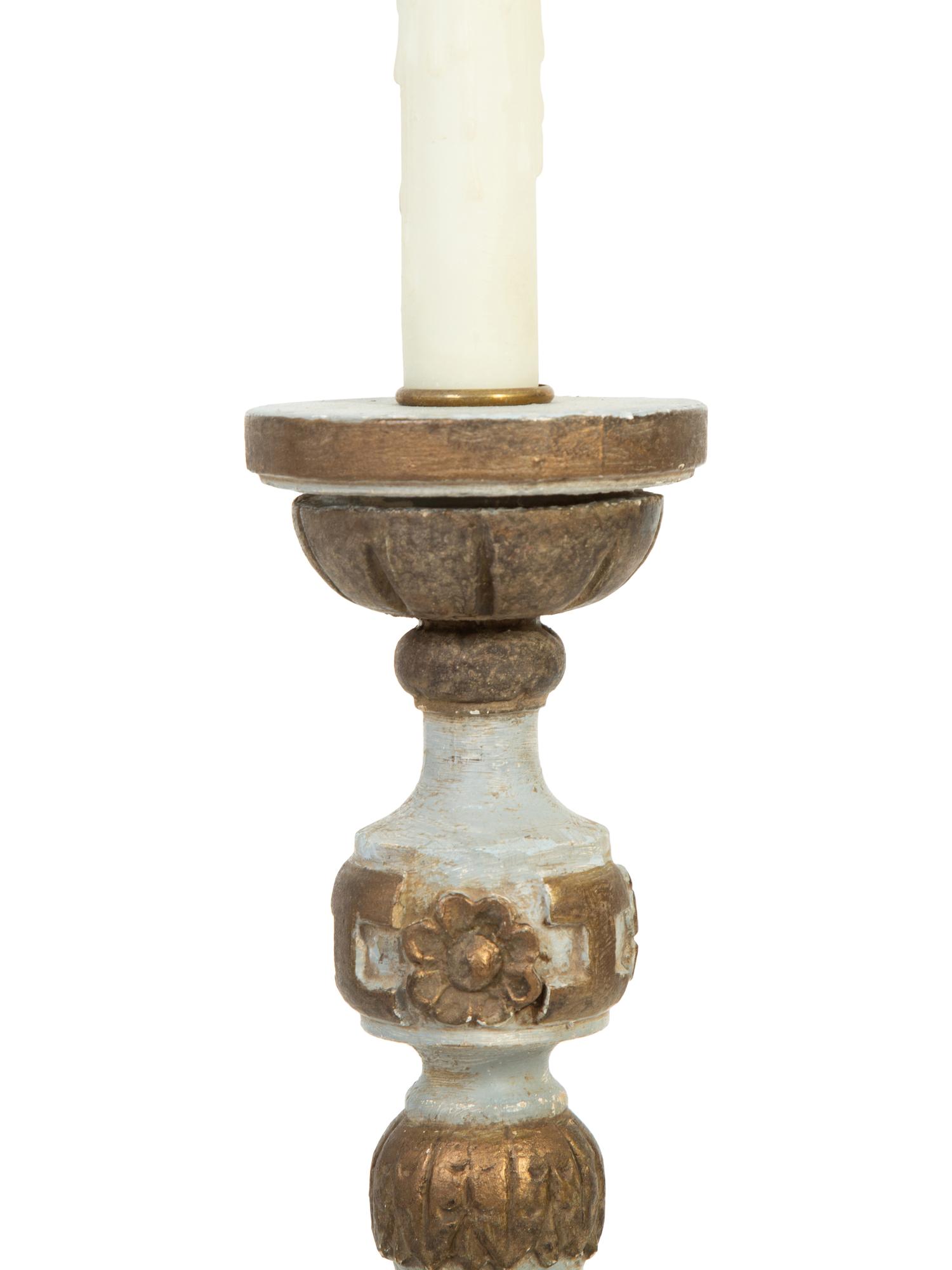An Italian Painted and Parcel Gilt Pricket Mounted as a Lamp — 19TH/20TH CENTURY