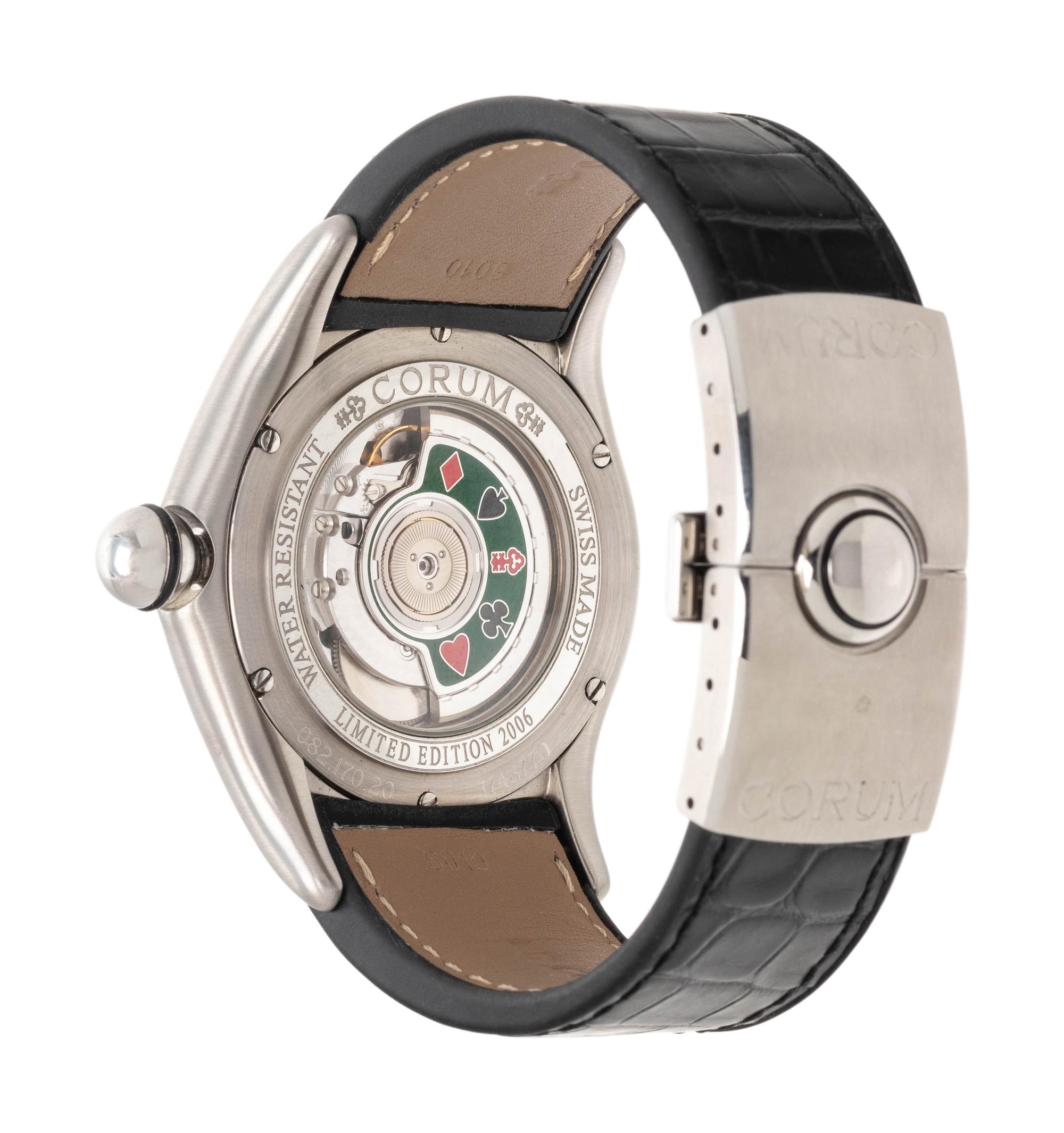 CORUM, REF. 082.170.20 STAINLESS STEEL LIMITED EDITION BUBBLE 'ROYAL FLUSH' WRISTWATCH