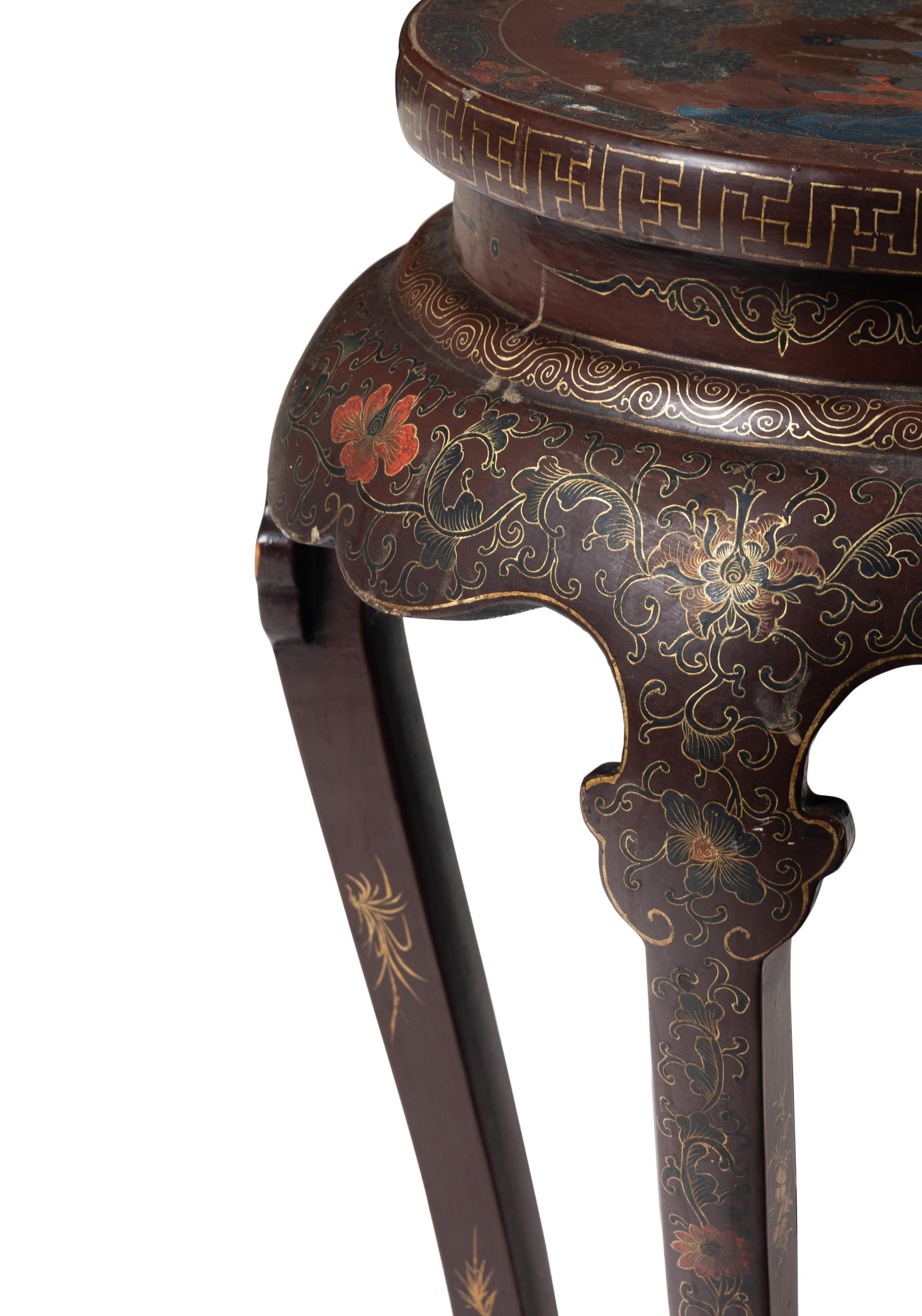 A Pair of Chinese Brown Ground Polychrome Painted Flower Stands