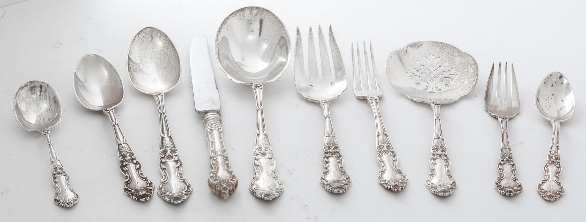 An American Silver Partial Flatware Service, Gorham Mfg. Co., Providence, RI, comprising 11 dinner knives 10 teaspoons 7 soup spoons 5