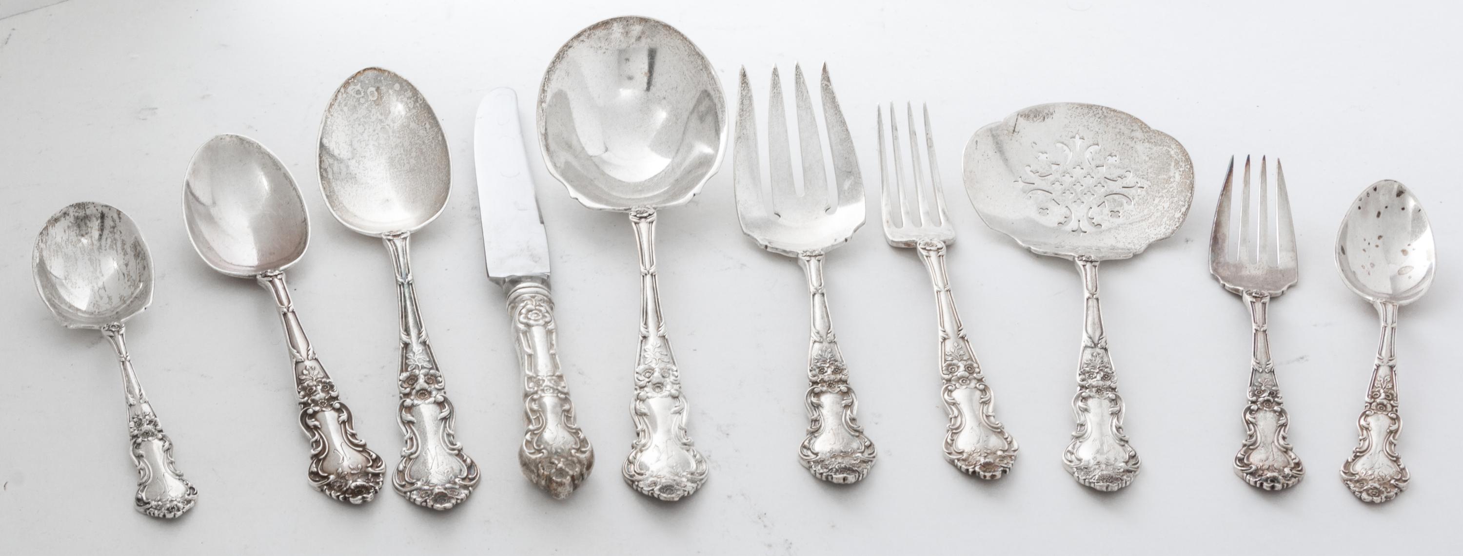 An American Silver Partial Flatware Service, Gorham Mfg. Co., Providence, RI, comprising 11 dinner knives 10 teaspoons 7 soup spoons 5