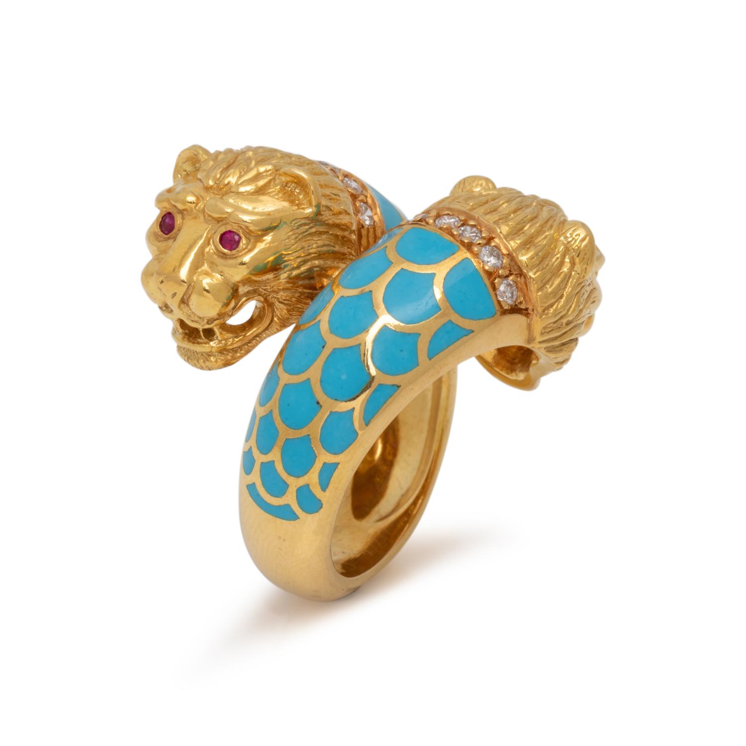 YELLOW GOLD, DIAMOND AND ENAMEL RING