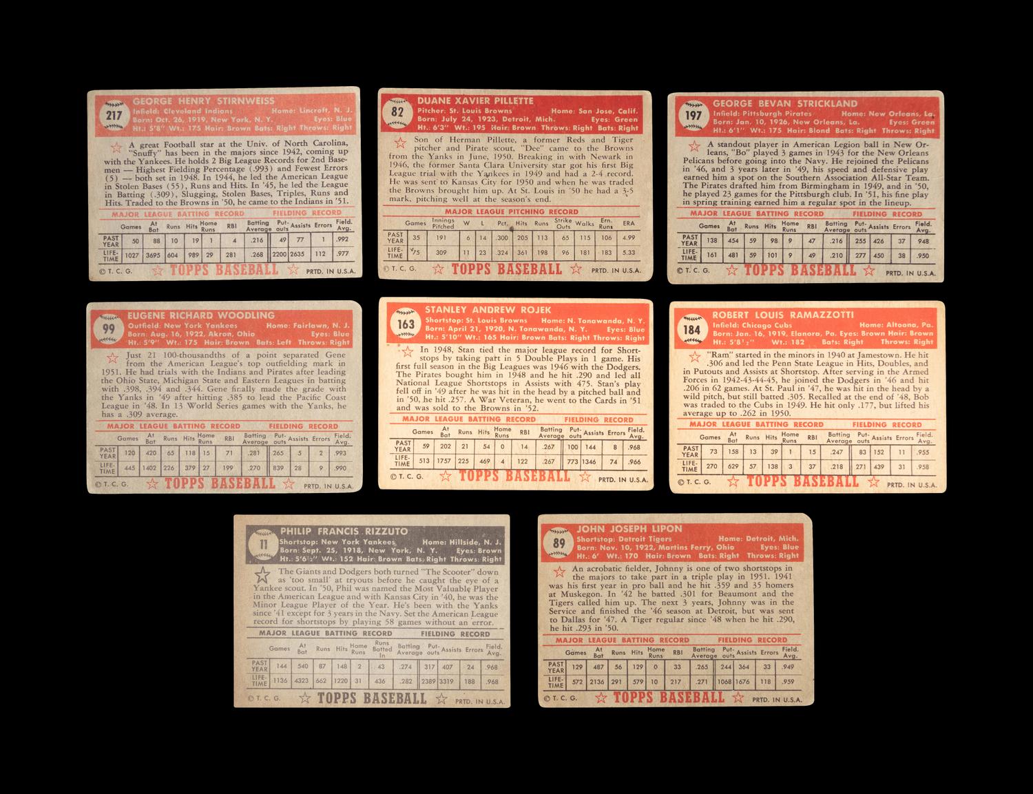A Group of Eight 1952 Topps Baseball Cards Including Phil Rizzuto,
