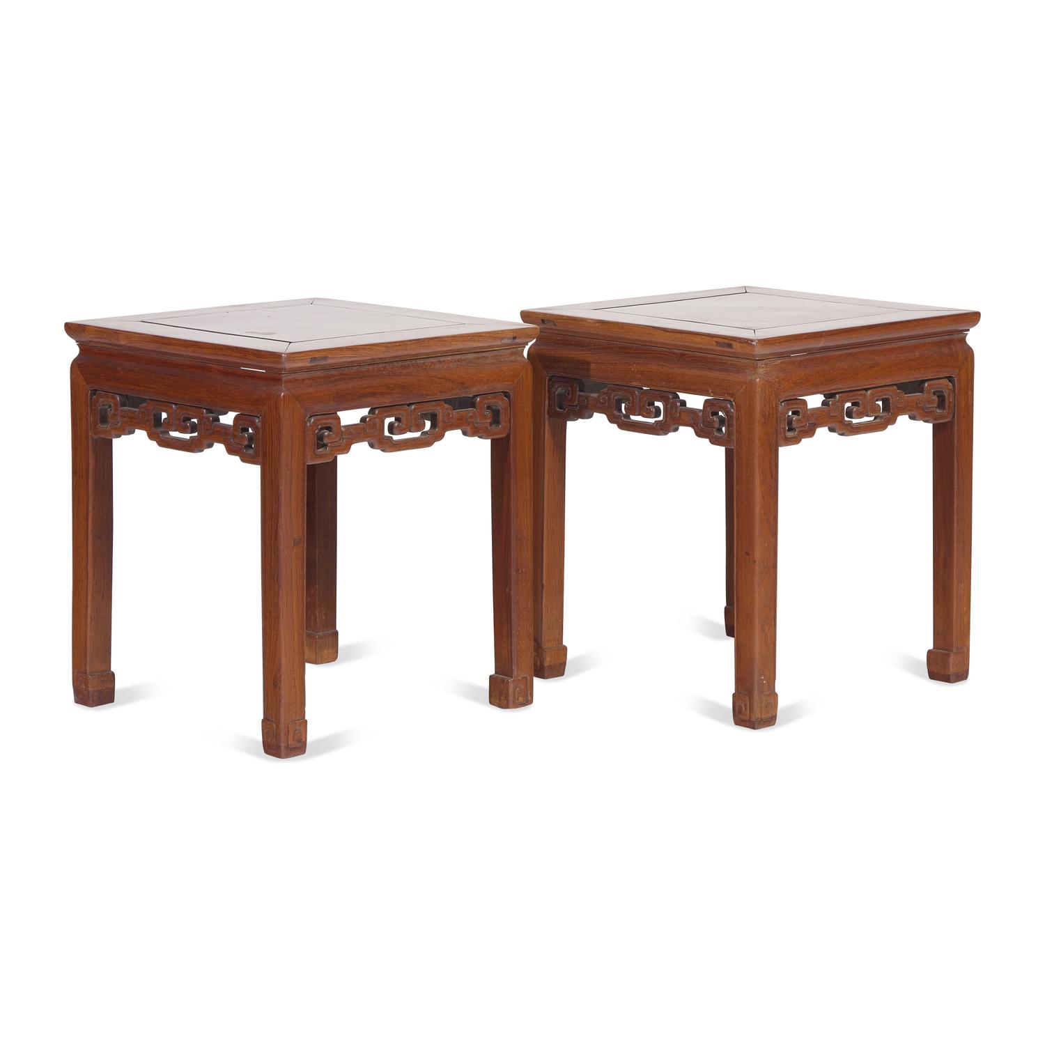 A Pair of Chinese Huanghuali Square Stools, Fangdeng, Qing Dynasty 清 黃花梨有束腰透雕拐子龙纹方凳一對