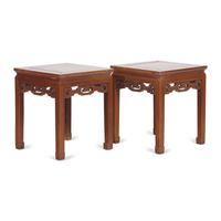A Pair of Chinese Huanghuali Square Stools, Fangdeng, Qing Dynasty 清 黃花梨有束腰透雕拐子龙纹方凳一對