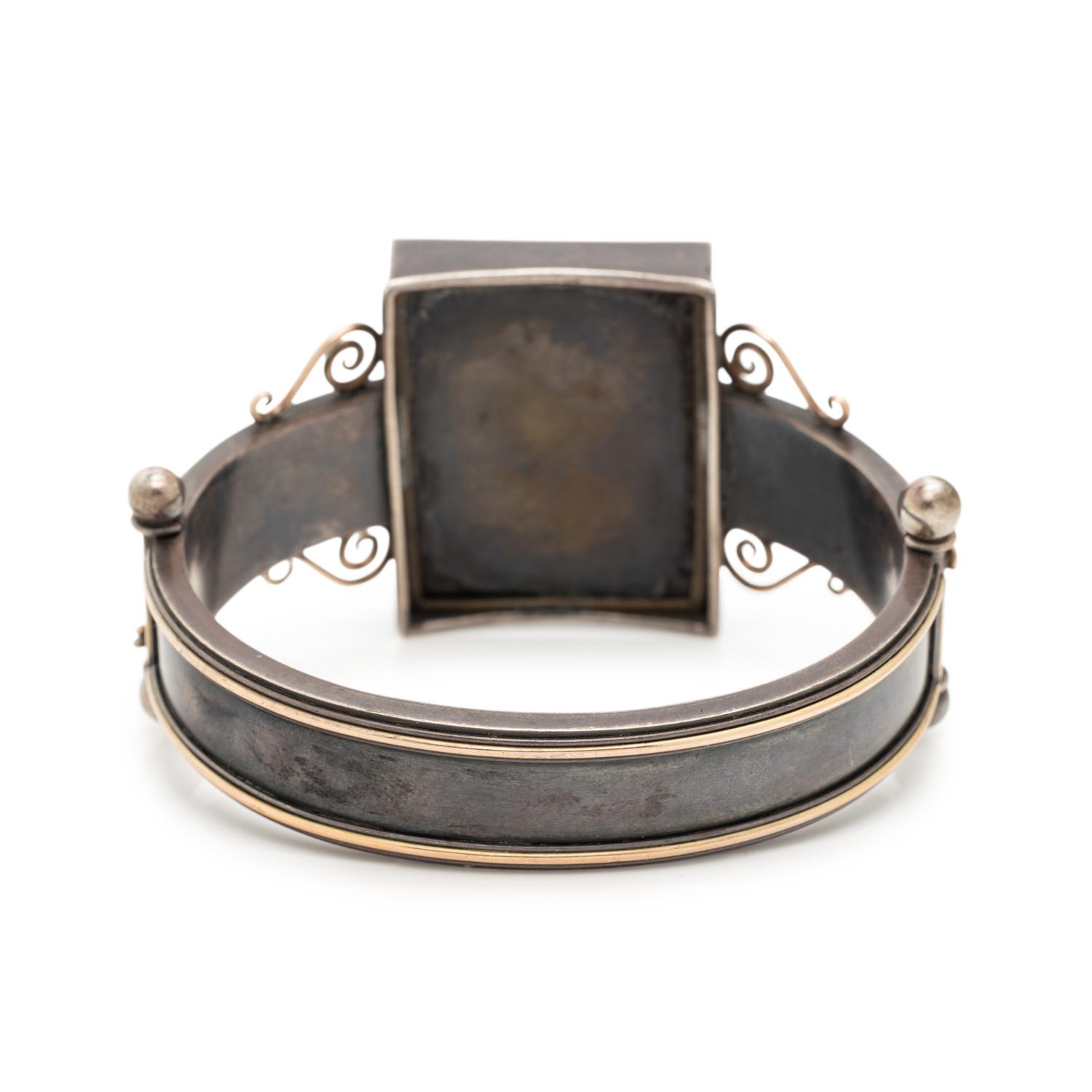 VICTORIAN, SILVER AND ROSE GOLD PIETRA DURA BANGLE BRACELET