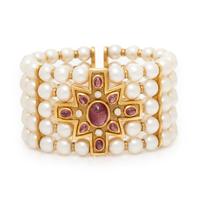 CULTURED PEARL, PINK TOURMALINE, AND DIAMOND MALTESE CROSS CUFF BRACELET