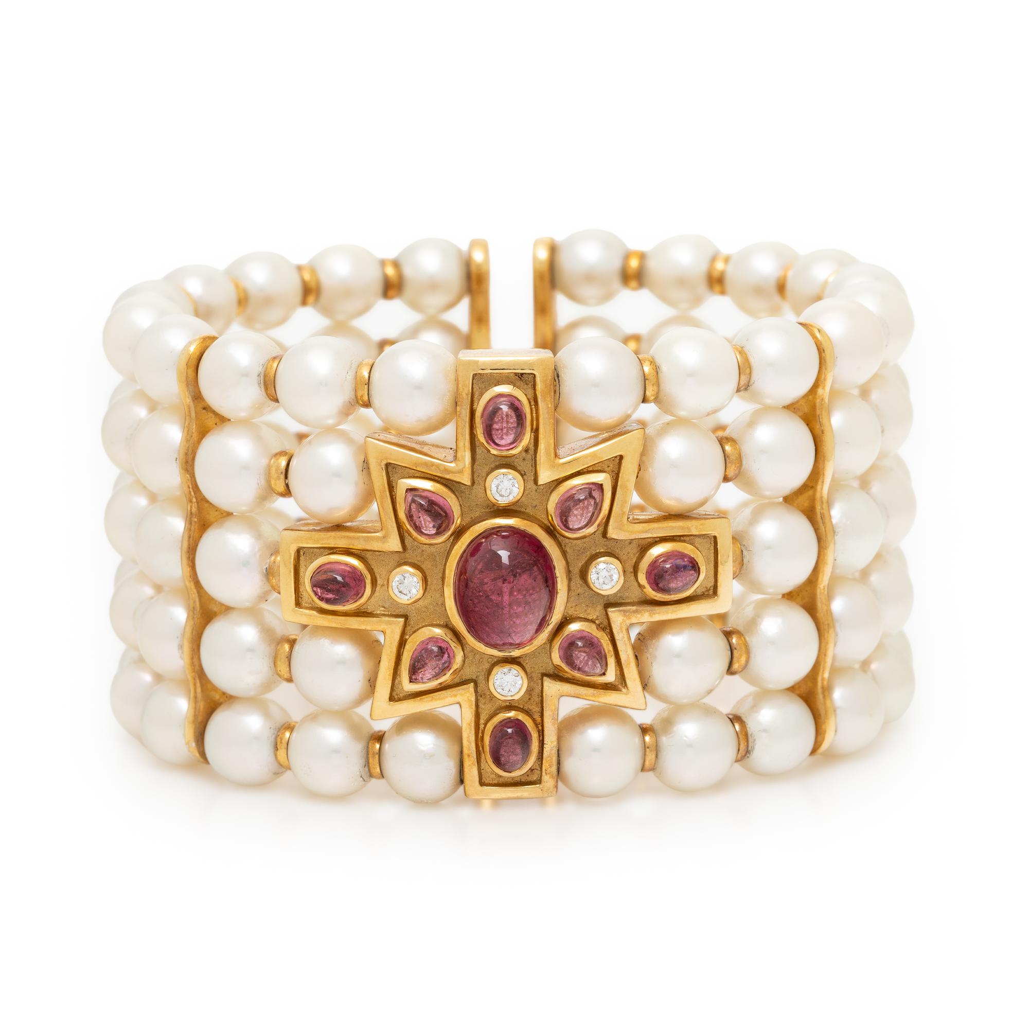 CULTURED PEARL, PINK TOURMALINE, AND DIAMOND MALTESE CROSS CUFF BRACELET