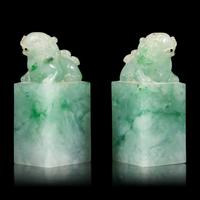 A Pair of Chinese Carved Jadeite Seals — 翡翠獅鈕方章一對