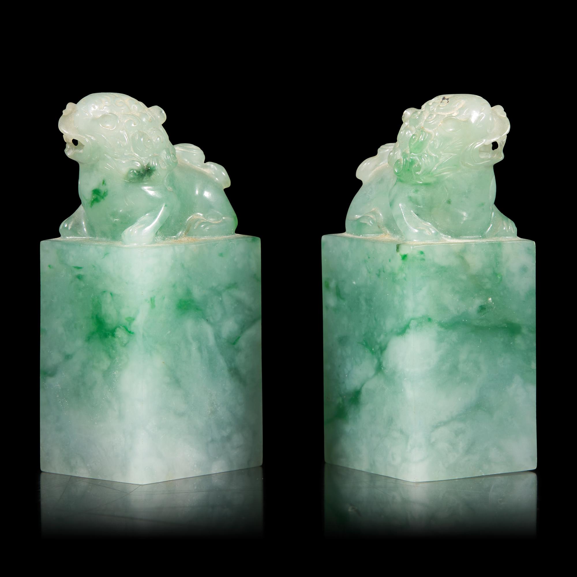 A Pair of Chinese Carved Jadeite Seals — 翡翠獅鈕方章一對