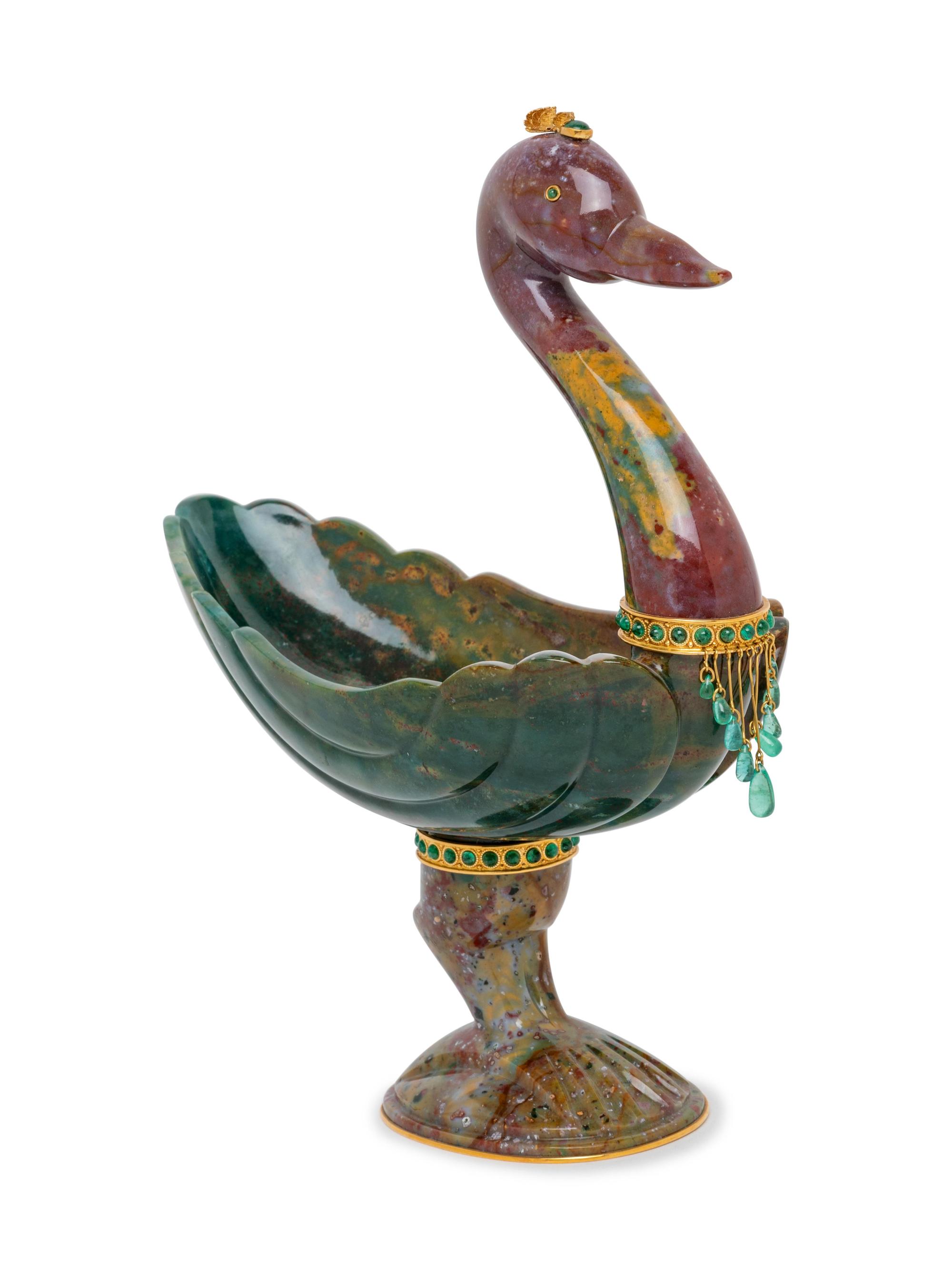 An 18-Karat Gold and Emerald Mounted Jasper Chalice in the Form of a Duck