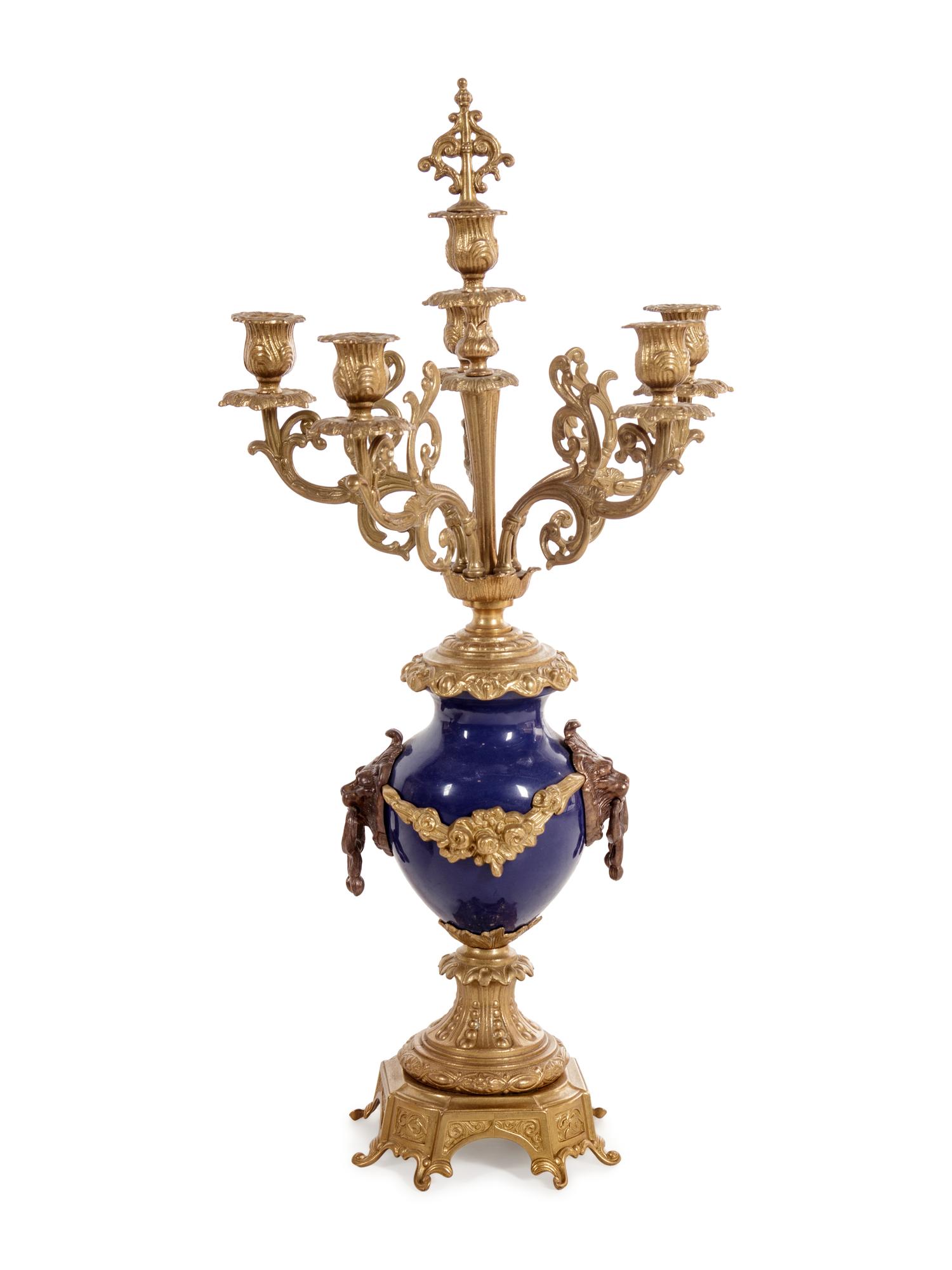 A Napoleon III Style Gilt Bronze Mounted Cobalt Porcelain Clock Garniture
