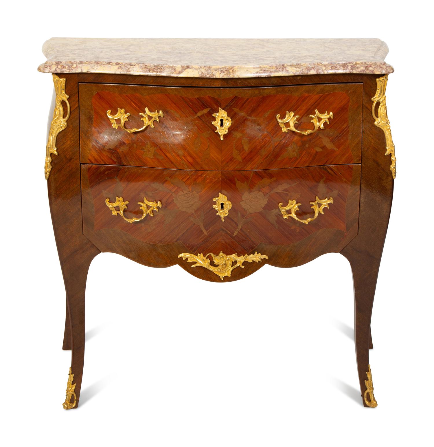 A Louis XV Style Marquetry, Gilt Bronze Mounted Marble Top Commode — 20TH CENTURY