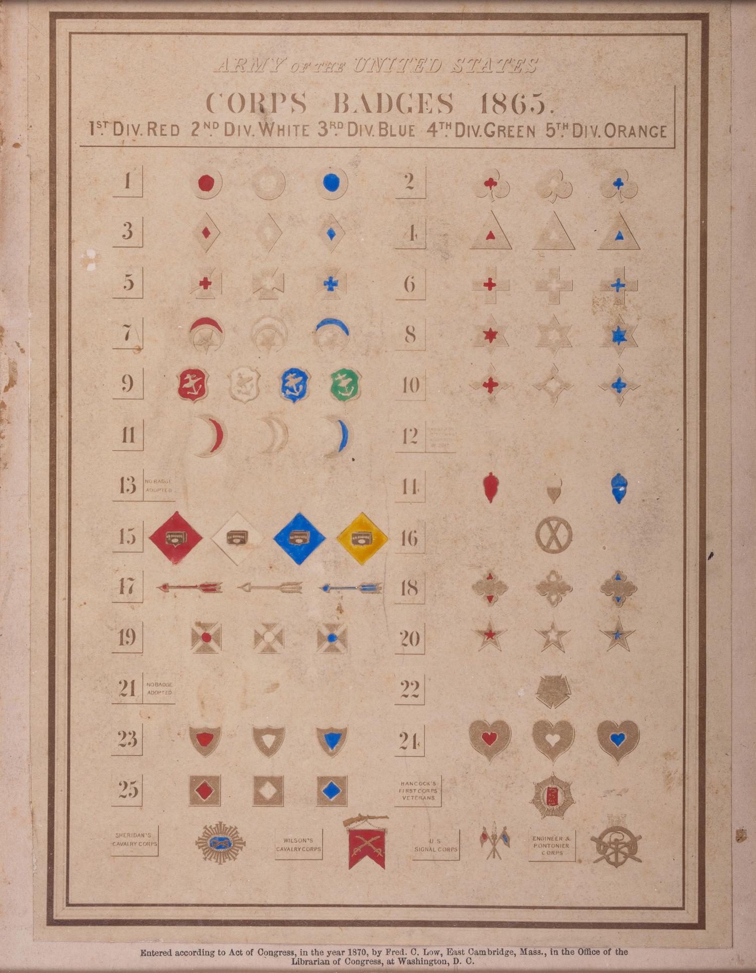 Army of the United States Corps Badges 1865 . Albumen photograph. Cambridge, MA: Fred C. Low, 1870.