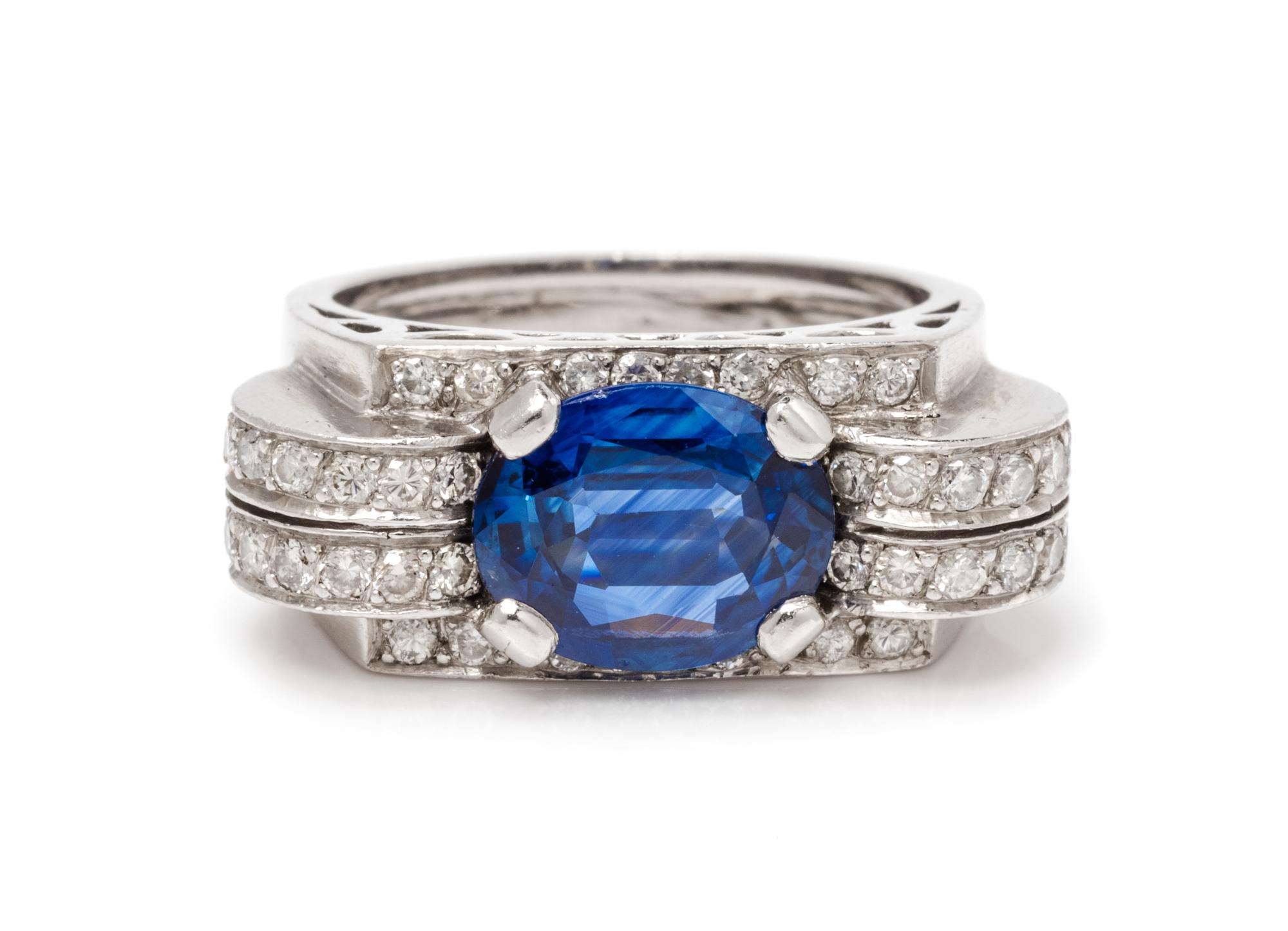 A Retro Platinum, Sapphire and Diamond Ring, French, 6.55 dwts.