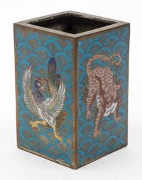 A Cloisonne Enamel Square Brush Pot Height 6 1/8 inches.