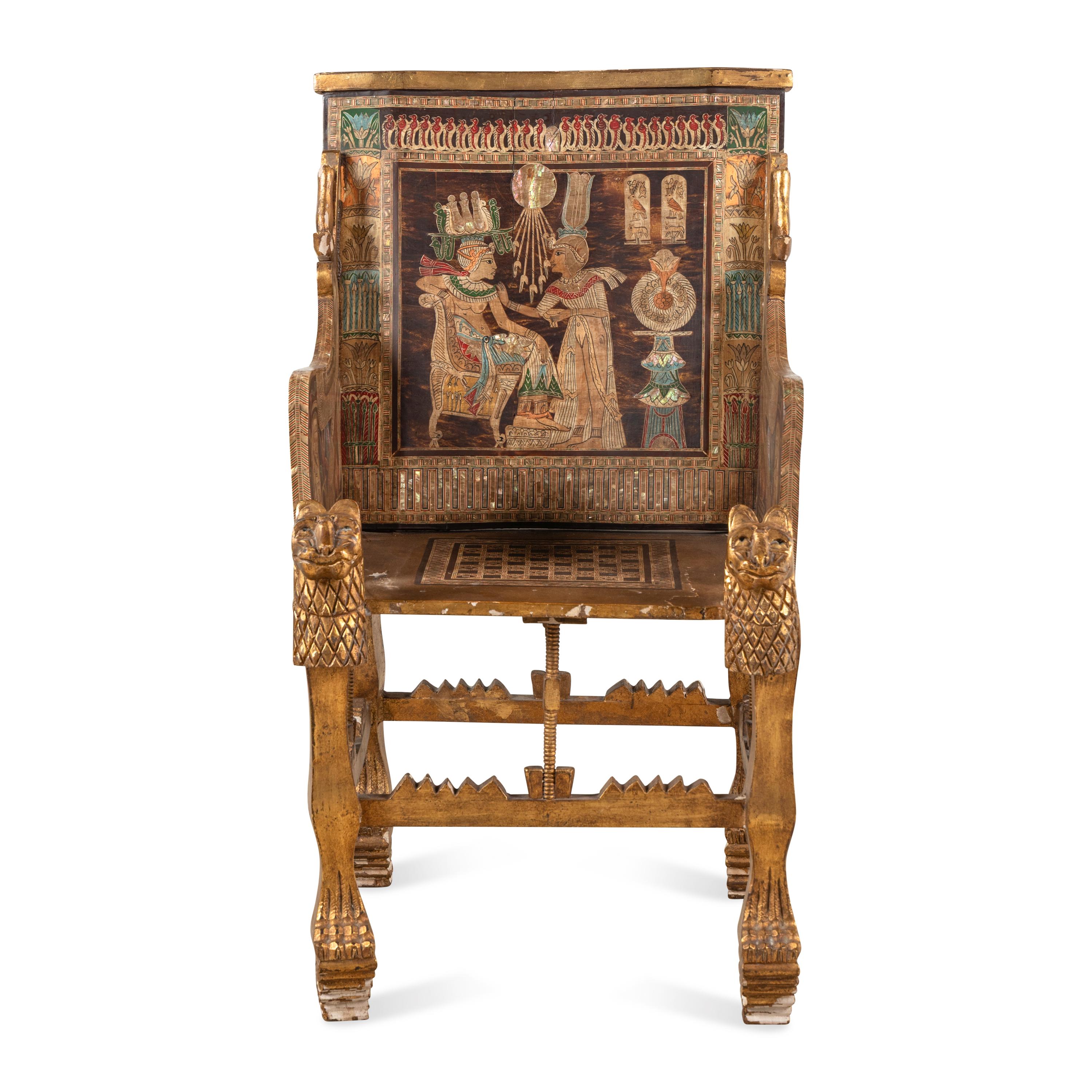 An Egyptian Style Polychrome-Painted and Giltwood Throne Chair