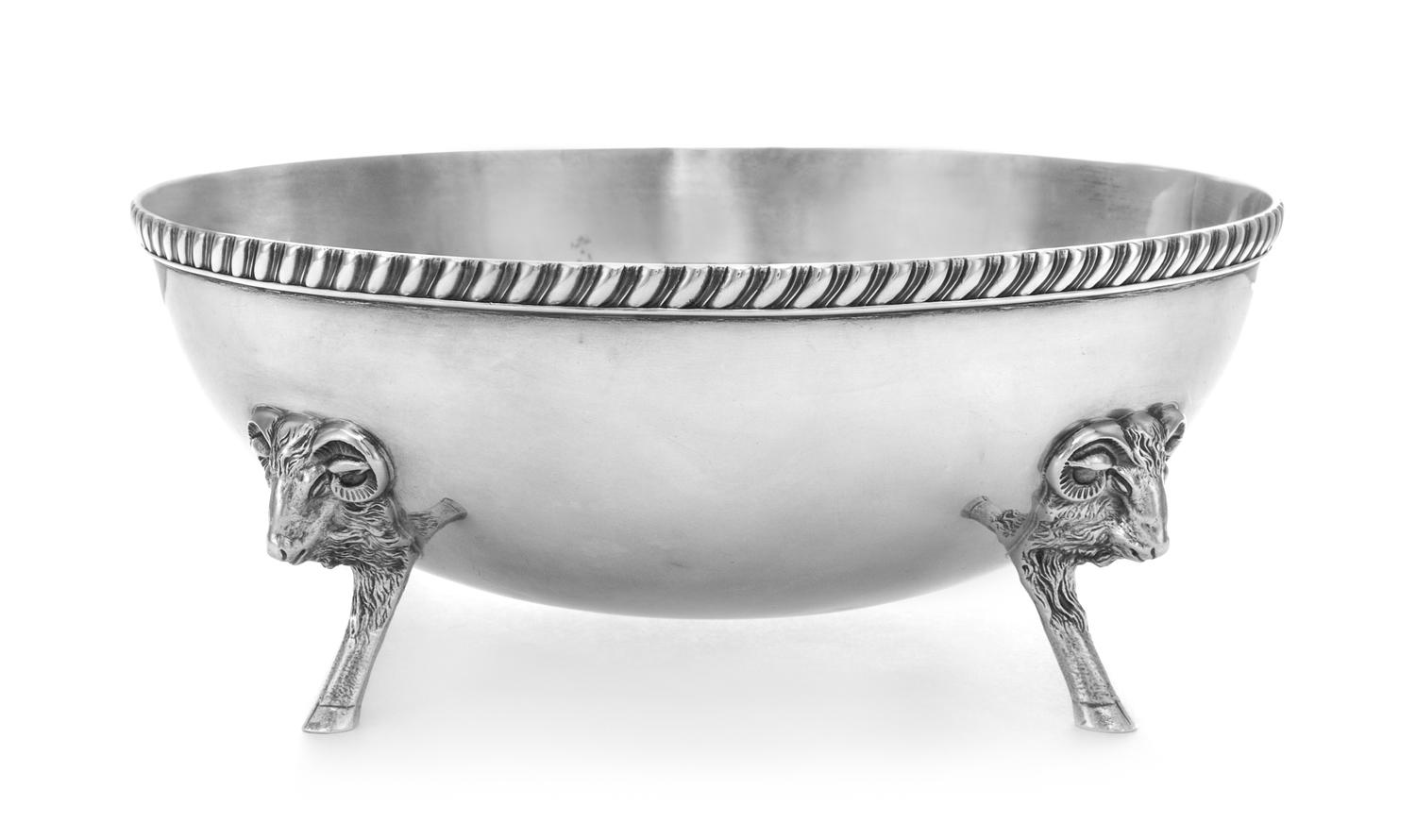 An American Silver Bowl, Gorham Mfg. Co., Providence, RI, 1927, of circular form with a gadrooned rim, raised on monoped hoof feet head