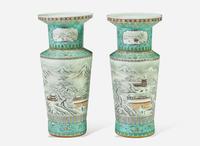 A pair of large Chinese enameled porcelain "Winter" vases 雪景盤口大瓶一對