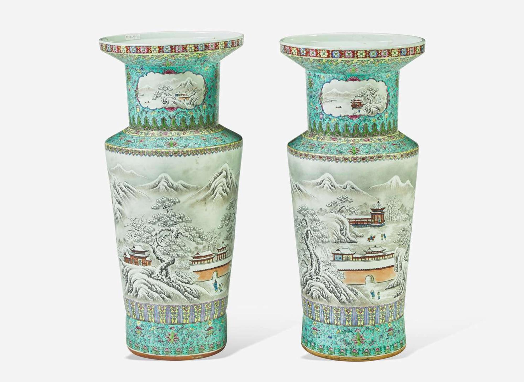 A pair of large Chinese enameled porcelain "Winter" vases 雪景盤口大瓶一對