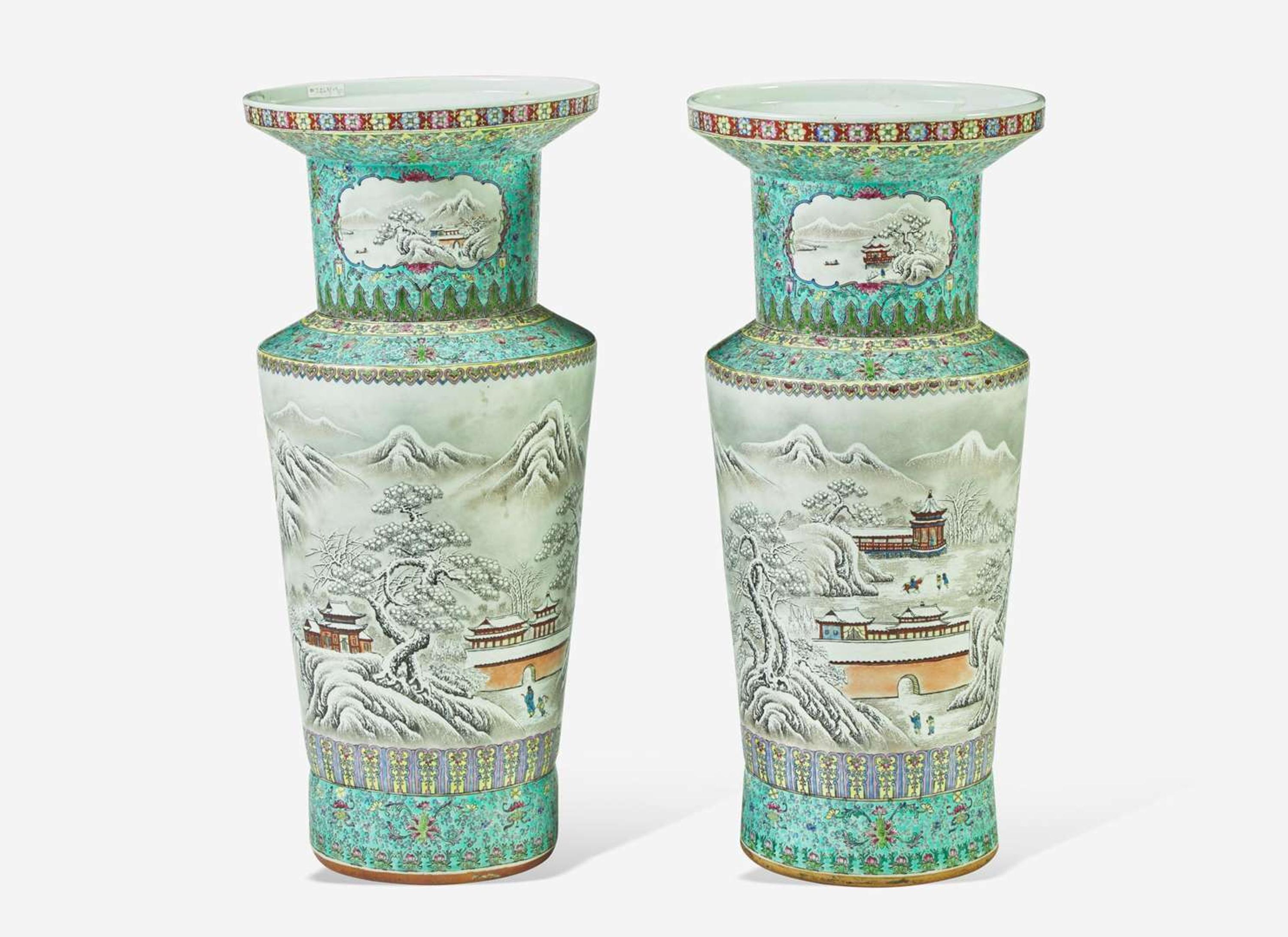 A pair of large Chinese enameled porcelain "Winter" vases 雪景盤口大瓶一對