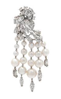 A Platinum, Diamond and Cultured Pearl Tassel Brooch, 13.60 dwts.