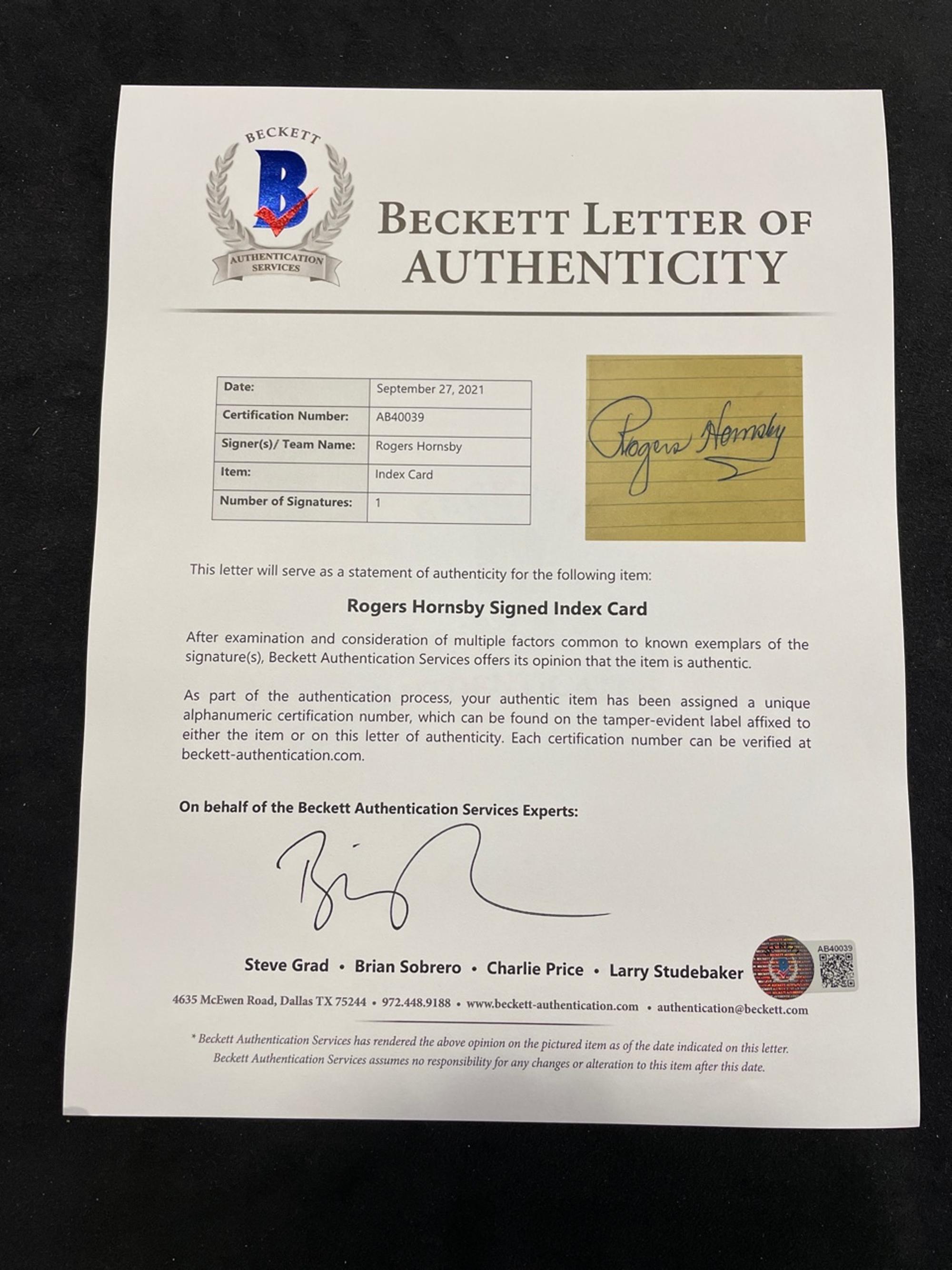 A Vintage Rogers Hornsby Signed Autograph Index Card (BAS Beckett Authentication Services Certified),