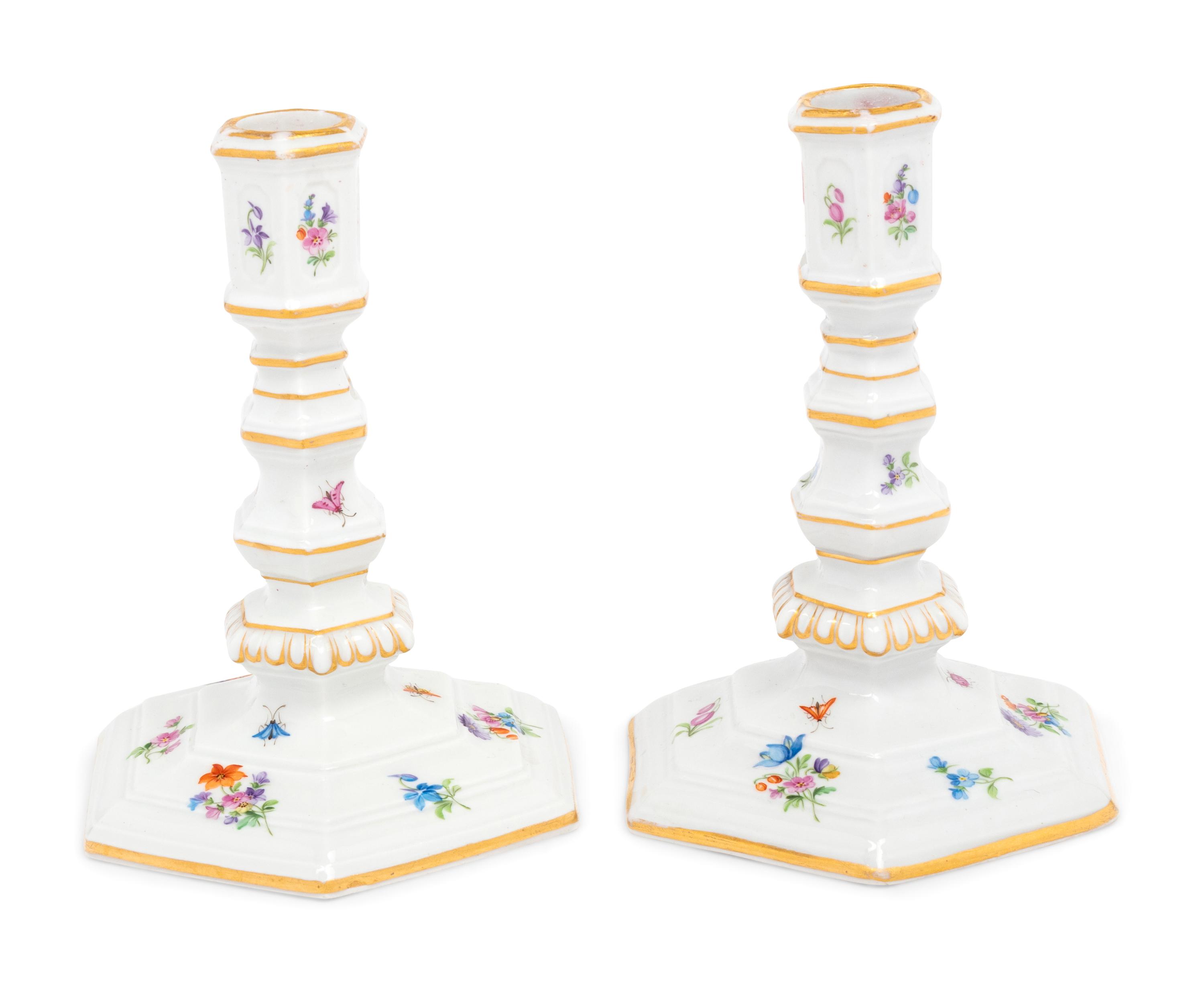 A Pair of Meissen Porcelain Candlesticks