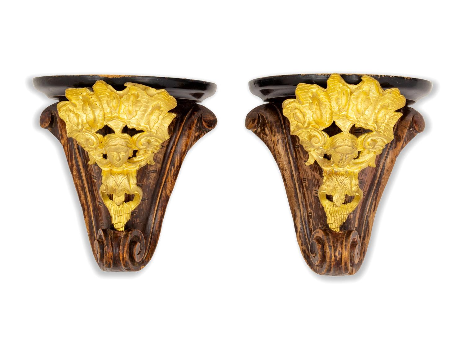 A Pair of Continental Gilt Bronze Mounted Wall Brackets