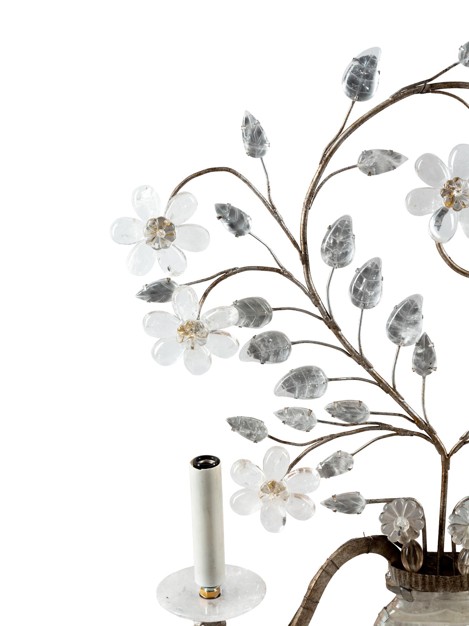 A Pair of Silvered Metal and Rock Crystal Two-Light Sconces in the Style of Maison Baguès